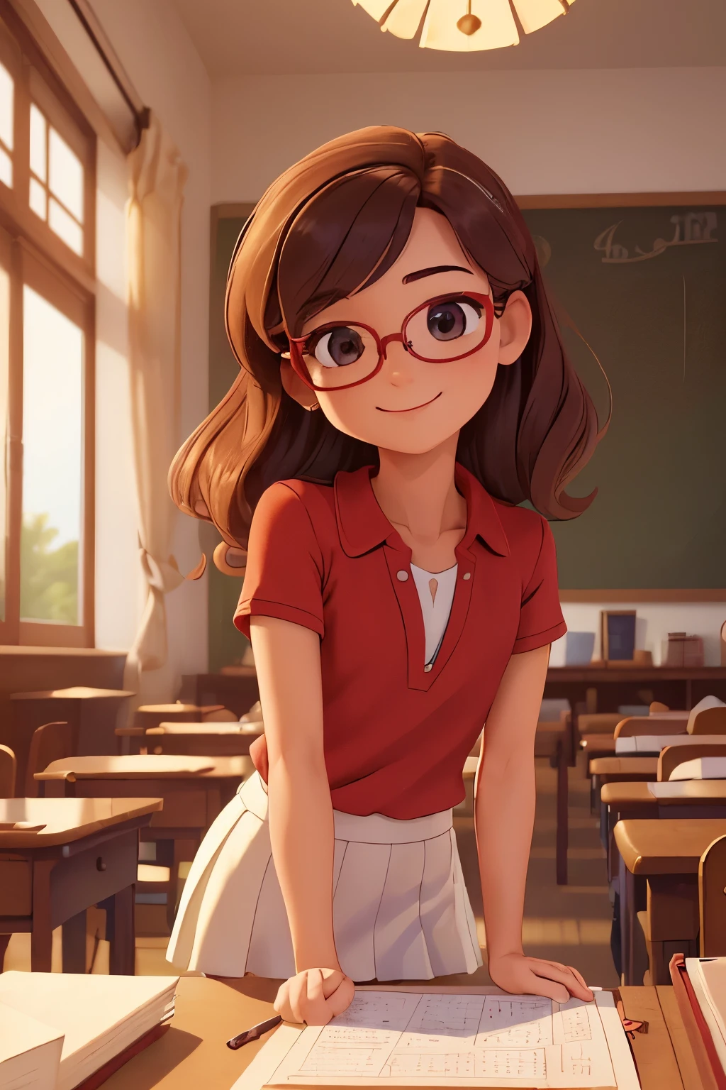 (A small chest:1.3),(Masterpiece, Best quality:1.4), (Beautiful, Aesthetic, Perfect, Delicate, Intricate:1.2),((Best quality)), ((Masterpiece)), (Detailed),(A high resolution:1.2), Classroom, An adult female, Smiling Claudia Chever, Red shirt, White skirt, Glasses, Bend over, angle of view,