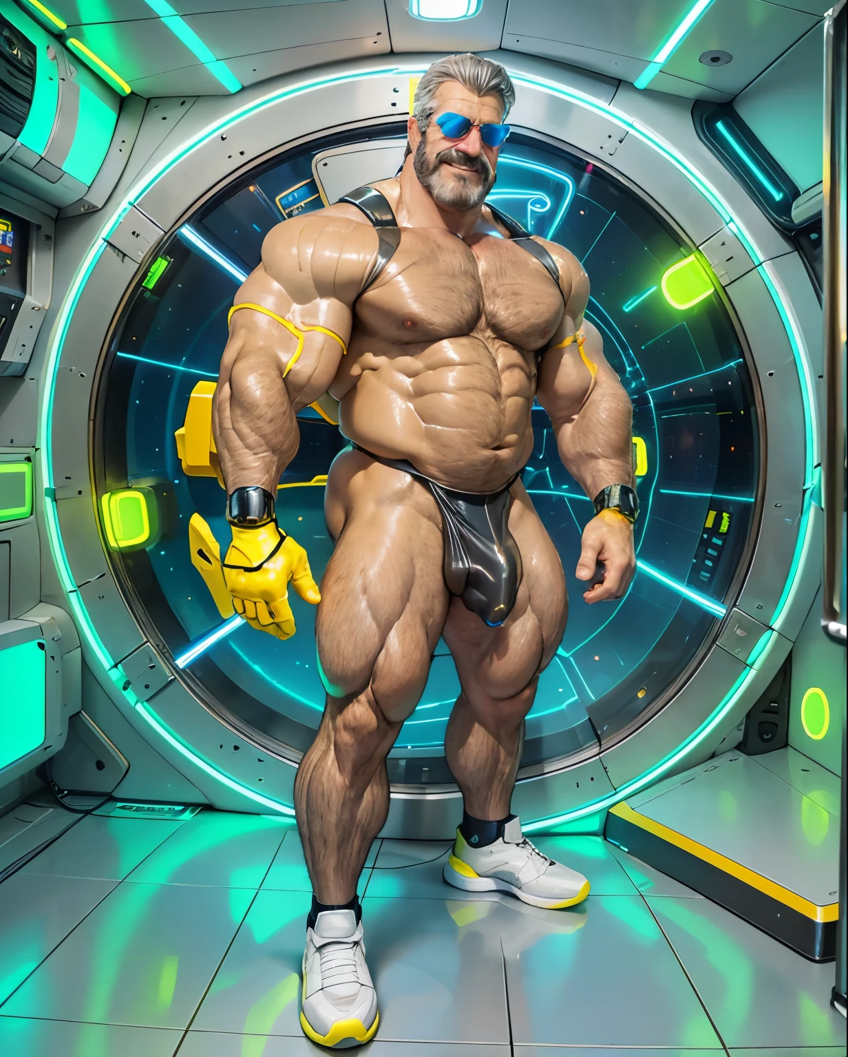 full body portrait, strong burly hairy mature older man(space captain), wearing futuristic captain's uniform insignia (neon and black) (open and revealing) (latex) , gray hair, reflective sunglasses (neon yellow rims), broad shoulders, round belly, thick feet, bulging micro thong, barefoot, scifi spaceship captain uniform, neon lights, best quality elegant masterpiece, face looks like Tom Selleck (Magnum PI) , military buzzcut, dark mustache, gray stubble, latex, wearing a latex thong, big bulging crotch, futuristic gear equipment, wearing see through plastic chest armor (neon yellow and electric blue), wearing neon yellow see through chest armor, wearing electric blue latex chaps(see-through) , wearing cool neon sneakers,in spaceship cockpit, lying in spaceship sleeping quarters(bed) (view from above), smiling with teeth showing, nicebulge, waiting in bed, glowing armor, legs up(!) and spread(!) , big muscle ass, wet and dripping ass, visible asshole(!) , wet asshole, hairy pecs, thick long legs, silver hair