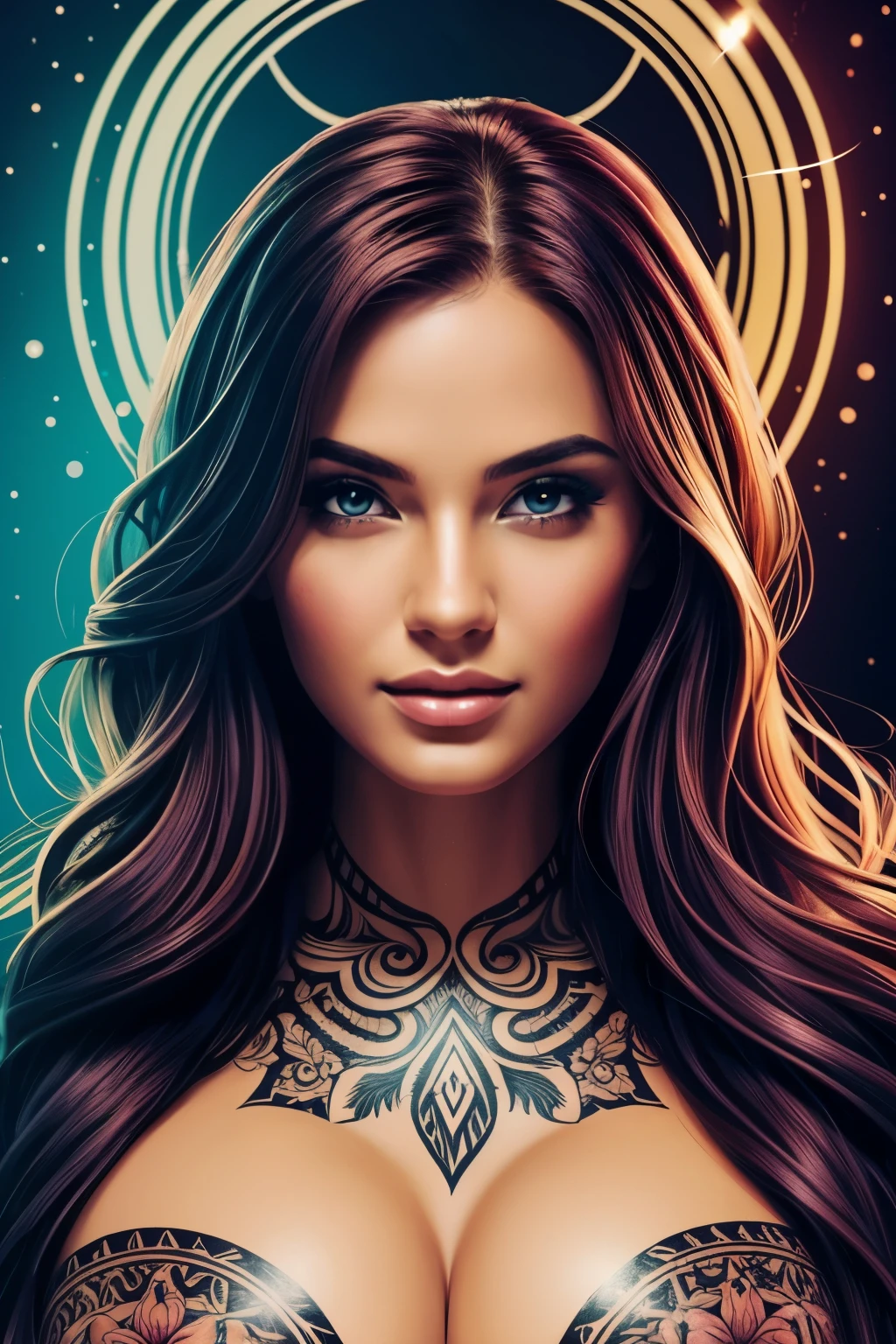 There is a curvaceous woman with large breasts and a seductive pose, showcasing her cleavage. She is adorned with intricate Tribal tattoos on various parts of her body and is wearing a tie. The illustration capturing her beauty is a stunning digital masterpiece by the talented artist Jen Bartel. With exquisite attention to detail, the artwork showcases a highly detailed vector art style in the vein of Jesper Ejsing's beautiful digital illustrations. The intricate digital painting depicts a gorgeous woman with captivating features, brought to life with vibrant colors and hyperrealistic textures. This artwork is a testament to the artist's skill, showcasing their expertise in creating stunning and lifelike digital artwork.