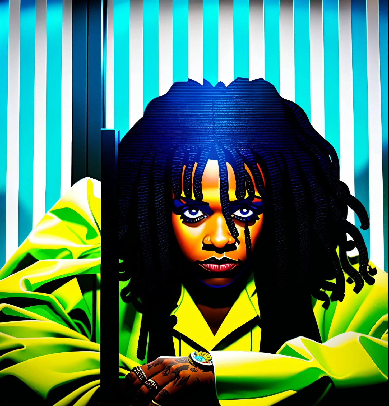 cartoon of a woman in a jail cell with a knife, chief keef, in jail, in prison, behind bars, cel shaded, stood in a cell, cell bars, prisoner, trippie redd, arrested, playboi carti, young thug, fan art, prison, album art young thug, sitting in a prison, cel - shaded, cel-shaded and in the corner it says YST