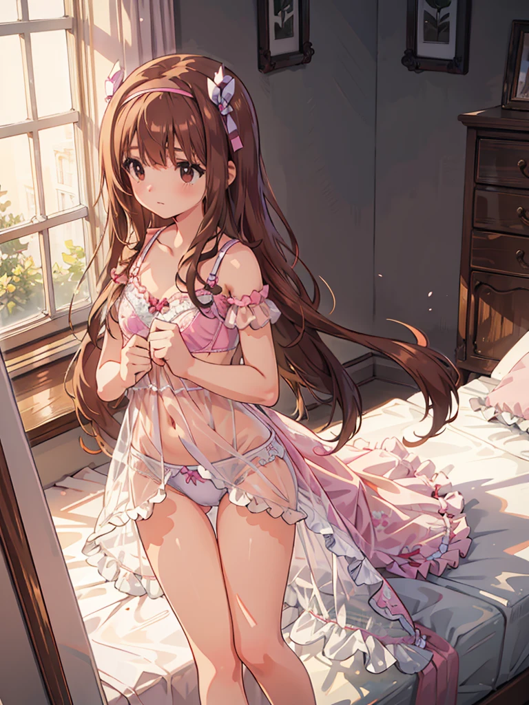 beautiful illustrations, highest quality, pretty girl, 1girl, Bedroom, pastel colour, (two-separated lingerie), reddish brown long hair, headband, cute lingerie, bright lighting
