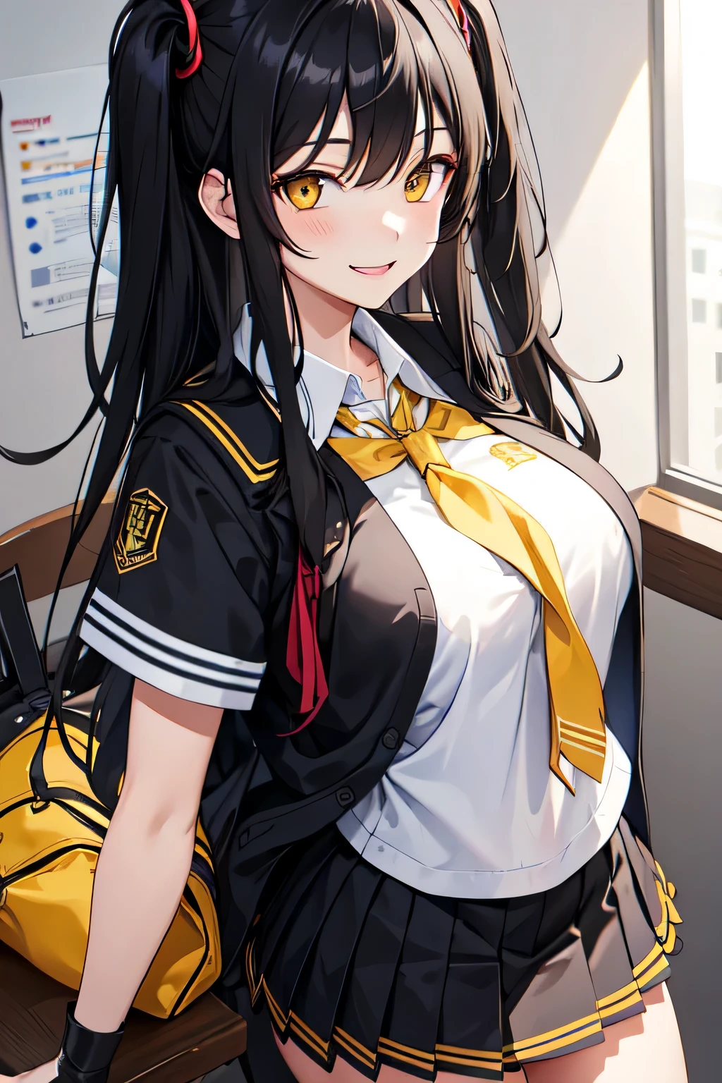 girl,in school,school outfit,long hair,black hair,yellow eyes,medium tits,smile expression