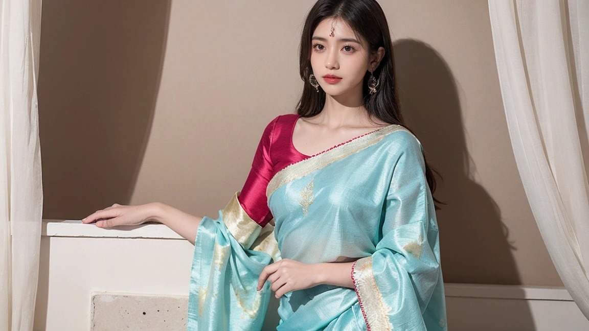 White tie-dyed silk saree with white, brown and aquamarine Nakshi Kantha embroidery. Comes with matching unstitched blouse piece attached at the end of saree. Blouse shown in the photo is a styling suggestion, it is not a part of the actual product.