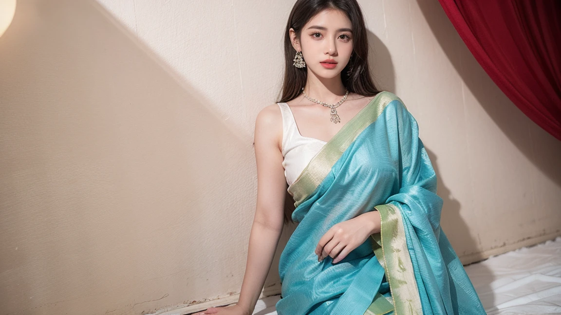 White tie-dyed silk saree with white, brown and aquamarine Nakshi Kantha embroidery. Comes with matching unstitched blouse piece attached at the end of saree. Blouse shown in the photo is a styling suggestion, it is not a part of the actual product.