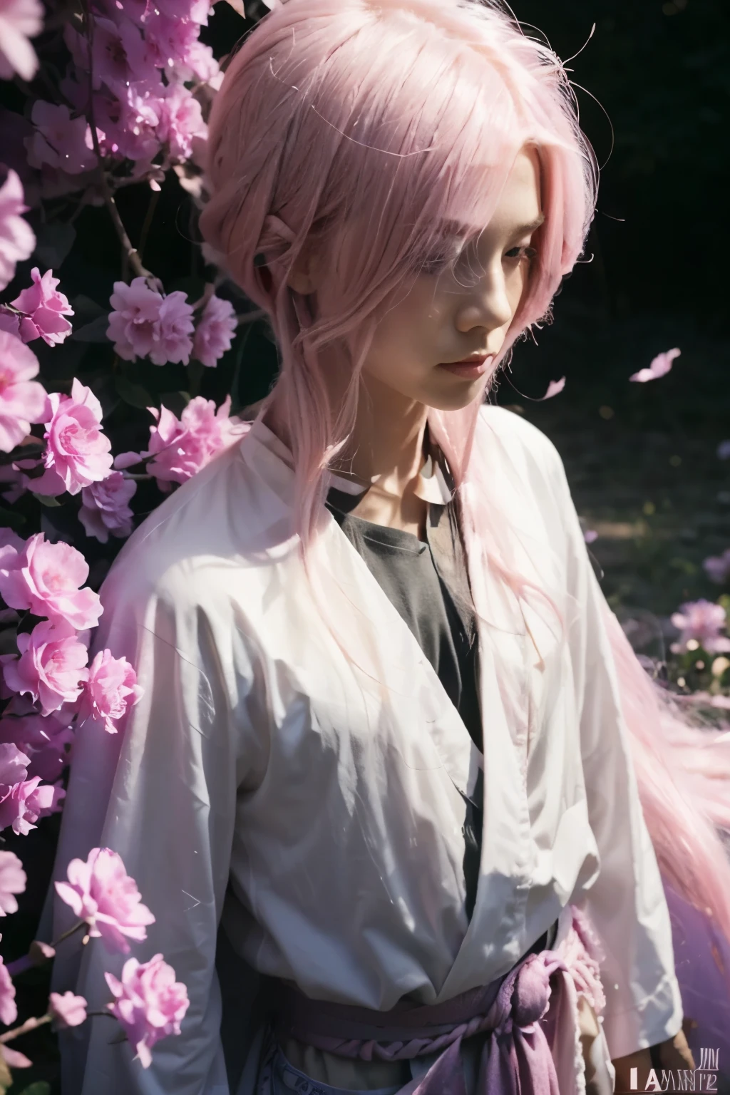 More long pink hair, More long pink hair, More more more long pink hair, make flower is pink too, he wear white kimono