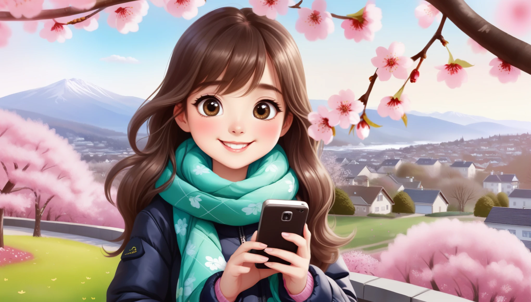 girl, long hair, round face, Big eyes, Down jacket, smile, scarf,have a smartphone, spring, garden, Cherry tree, with panoramic view, front