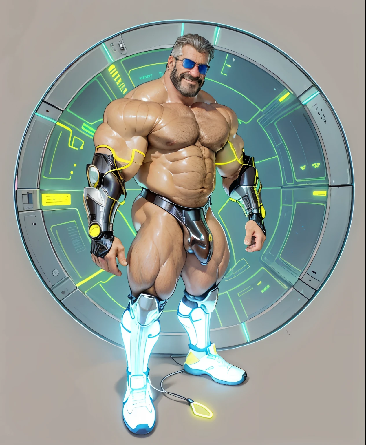 full body portrait, strong burly hairy mature older man(space captain), wearing futuristic captain's uniform insignia (neon and black) (open and revealing) (latex) , gray hair, reflective sunglasses (neon yellow rims), broad shoulders, round belly, thick feet, bulging micro thong, barefoot, scifi spaceship captain uniform, neon lights, best quality elegant masterpiece, face looks like Tom Selleck (Magnum PI) , military buzzcut, dark mustache, gray stubble, latex, wearing a latex thong, big bulging crotch, futuristic gear equipment, wearing see through plastic chest armor (neon yellow and electric blue), wearing neon yellow see through chest armor, wearing electric blue latex chaps(see-through) , wearing cool neon sneakers,in spaceship cockpit, lying in spaceship sleeping quarters(bed) (view from above), smiling with teeth showing, nicebulge, waiting in bed, glowing armor, legs up(!) and spread(!) , big muscle ass, wet and dripping ass, visible asshole(!) , wet asshole, hairy pecs, thick long legs, silver hair