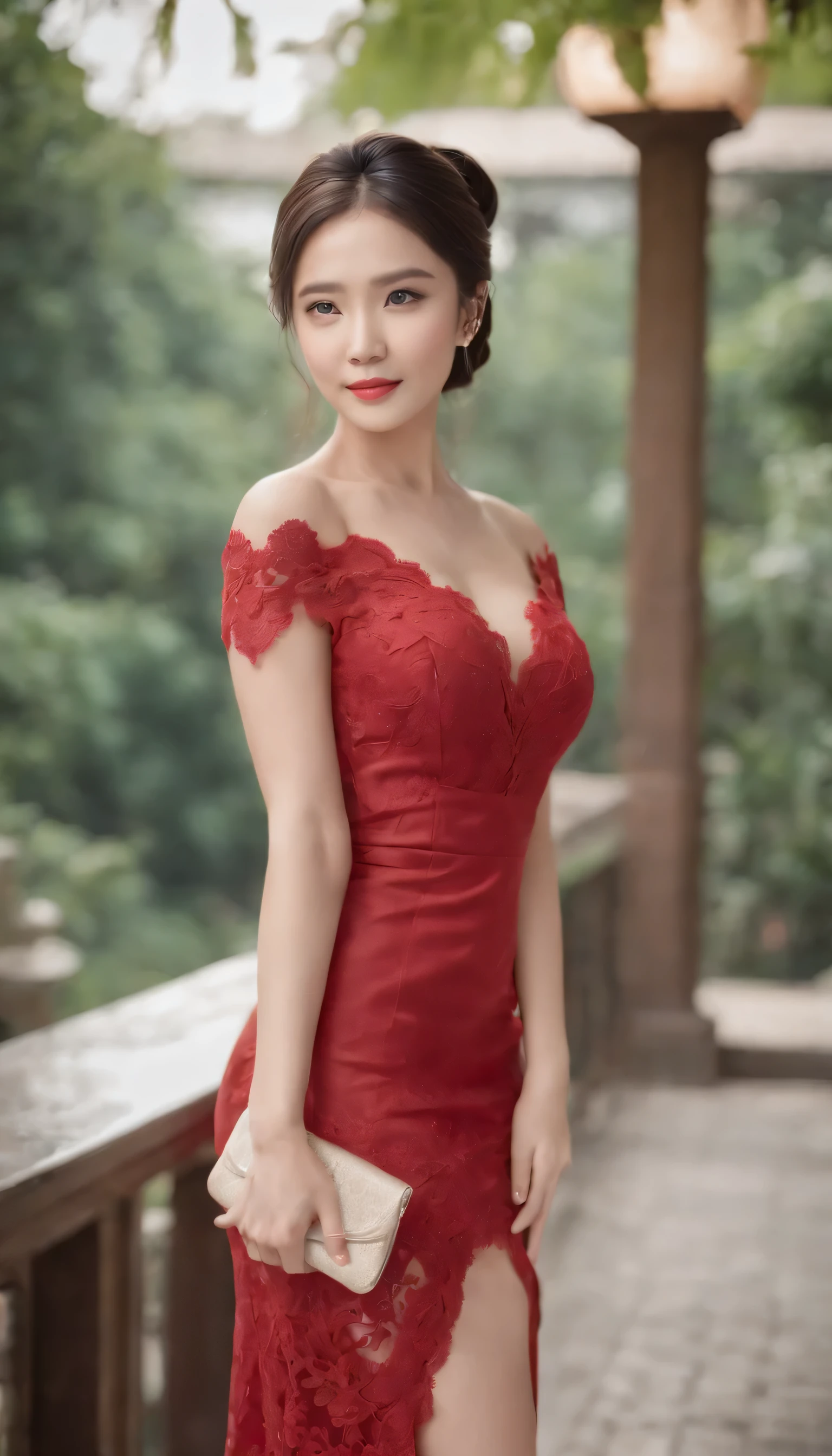 1girl,baiyi,large breast,Blue  lips,smile,ponytail,realistic, 1 girl, indonesian girl, 23 years old, (black hair super-long 1 meters), (very beautiful face, very sweet, sharp eyes like an angel from heaven ), (beautiful hair), actress, smile, shiny skin, best quality, masterpiece, (photorealistic:1.4), terrace seating, asian, indonesian, jakarta, denim long skirt (realistic fabric), white short sleeves (cotton fabric), (no logo), thin fingers, a woman in a red dress posing for a picture in a courtyard, a picture by Emma Andijewska, tumblr, tachisme, sexy gown, opened dress, wearing an elegant dress, fantasy long intricate gown, sexy dress, dressed beautiful gown, red gown, wearing a magnificent dress, dressed in red lace, translucent dress, extravagant dress, see through dress