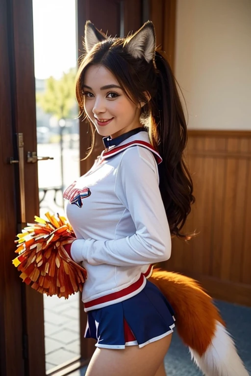 ((highest quality)), ((masterpiece)), (get used to it), perfect face, fox girl, Beautiful woman, public, A tail is growing, she has a fluffy tail, she has a fox tail, she wags her tail, smile, collar, She is wearing a cheerleader uniform, beautiful hips, big breasts , big tail