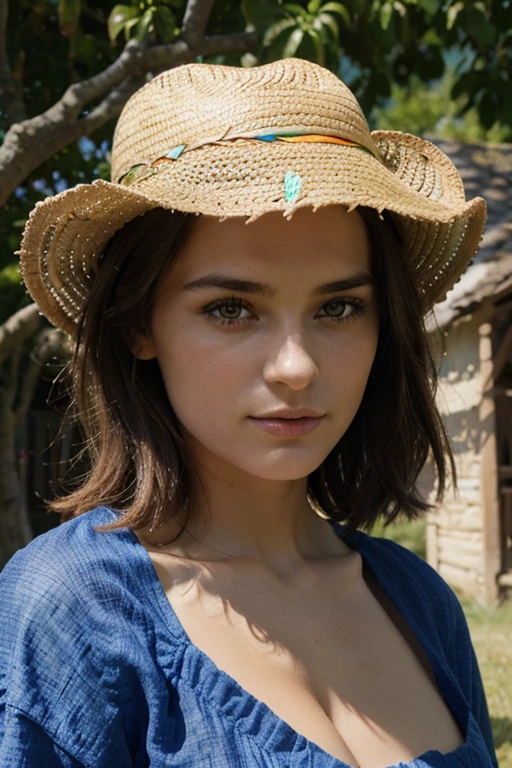 jeune femme de 25 ans, brune aux yeux bleus, en robe d'été colorée et avec un chapeau de paille. marchant dans l'herbe