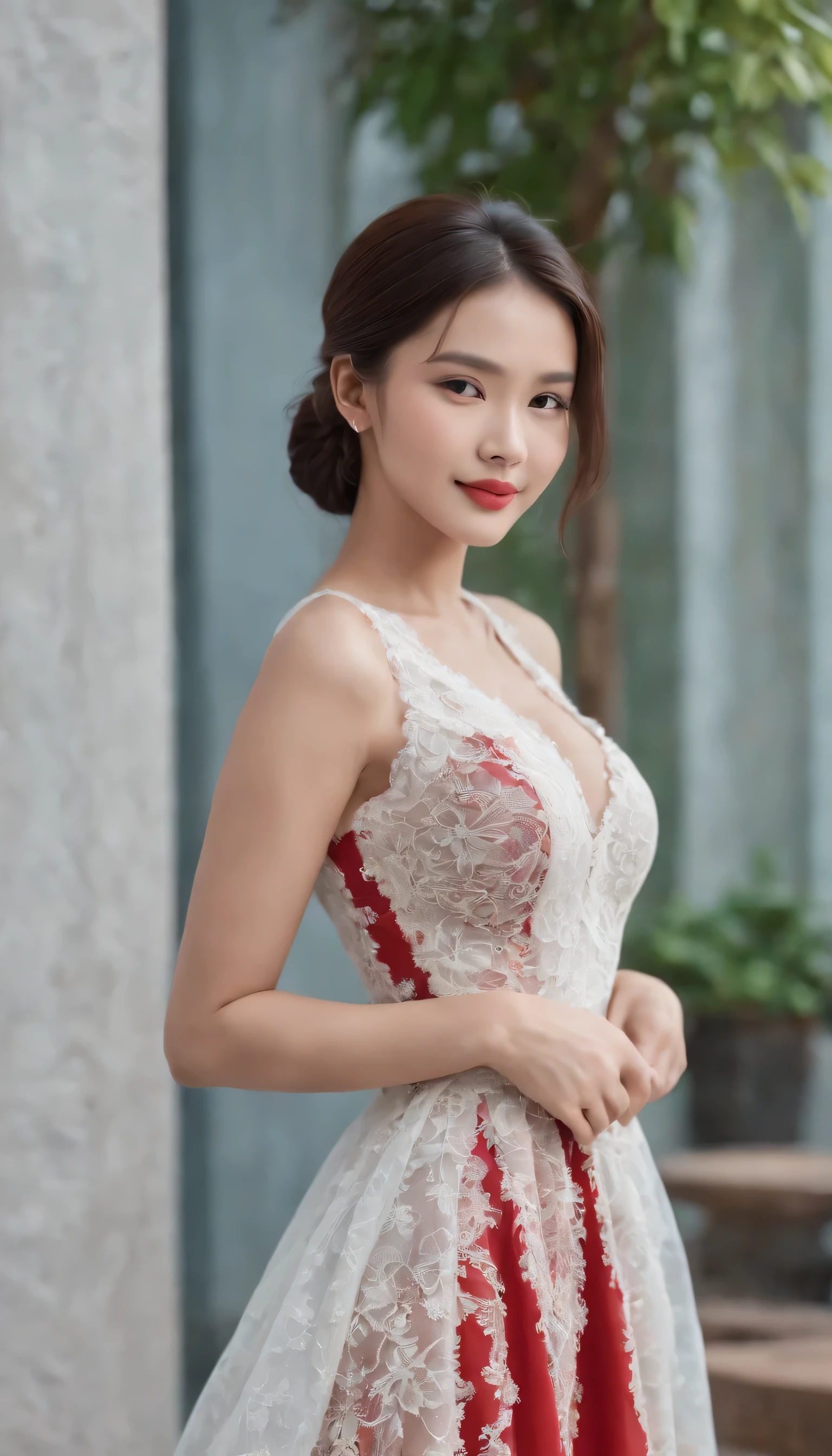 1girl,baiyi,large breast,Blue  lips,smile,ponytail,realistic, 1 girl, indonesian girl, 23 years old, (black hair super-long 1 meters), (very beautiful face, very sweet, sharp eyes like an angel from heaven ), (beautiful hair), actress, smile, shiny skin, best quality, masterpiece, (photorealistic:1.4), terrace seating, asian, indonesian, jakarta, denim long skirt (realistic fabric), white short sleeves (cotton fabric), (no logo), thin fingers, a woman in a red dress posing for a picture in a courtyard, a picture by Emma Andijewska, tumblr, tachisme, sexy gown, opened dress, wearing an elegant dress, fantasy long intricate gown, sexy dress, dressed beautiful gown, red gown, wearing a magnificent dress, dressed in red lace, translucent dress, extravagant dress, see through dress