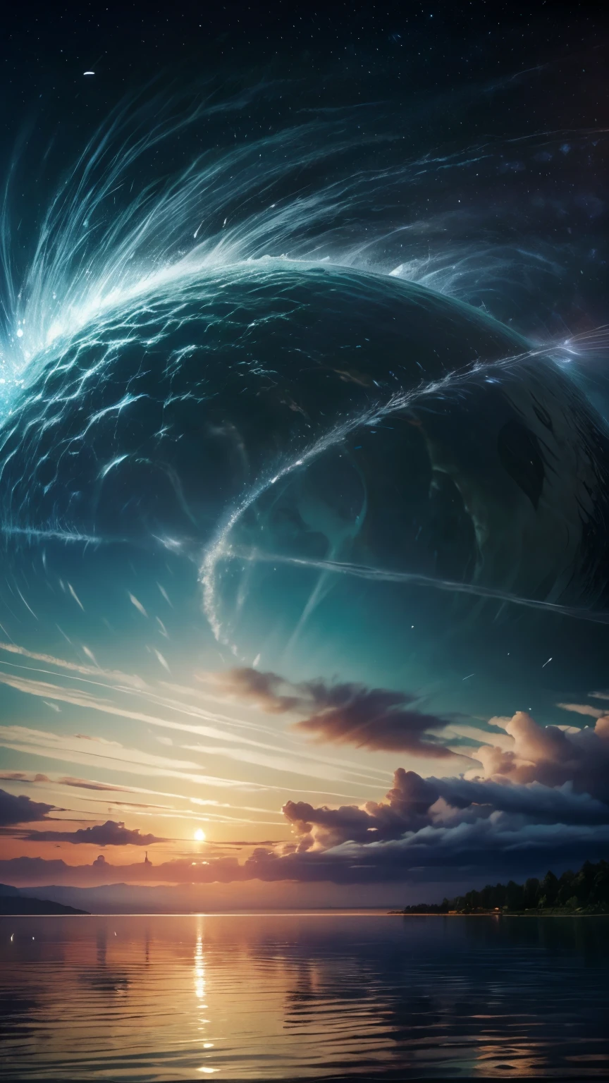 (logo、wonderful、8K、table top、Raw photo、wonderful、最high quality、フォトリアリスティックかつvery detailed、cg、high quality、very detailed、Narrative poem、particle effects、dynamic effects、Text Boundary Depth、cinematic light、Lens flare、ray tracing、table top、genuine、ultra hd、fantasy)、A white whale swims in the sky、beautiful water、splash of water、flow of water、Water swell、fantastic beauty、透き通ったgreenい水の美しさと輝き、The tranquility and beauty of water、wonderfulWind景、Beautiful natural water、green、Wind、wonder、wonderful