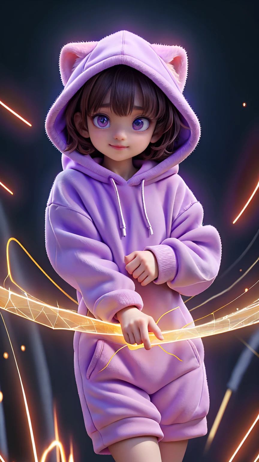 In the heart of the autism world a young autist girl with short brown hair, cute hoddie and purple outfit, discovering her world with happiness and curiosity, cute pose, in a magical world, creates a autism atmosphere, energy and creative images around her. The angle of the scene is dynamic, capturing the intensity of the moment, fine quality golden eyes, eyes looking at the camera, ultra detailed, Beautiful and aesthetically pleasing, masterpiece, Best quality score, (fractal art: 1.3), Extremely detailed , dynamic angle, raytraced, middle body, close up, particles and hard lights