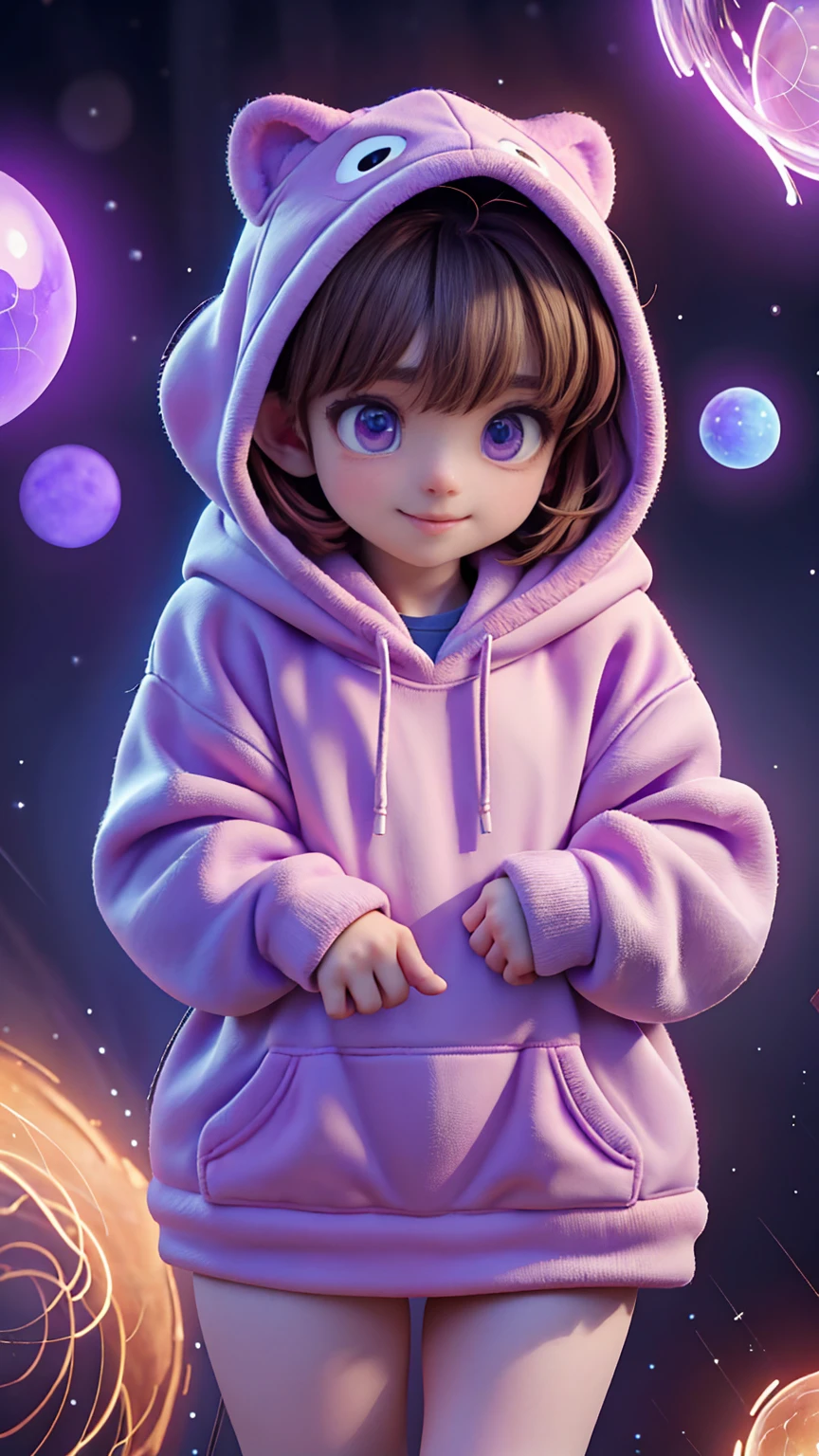 In the heart of the autism world a young autist girl with short brown hair, cute hoddie and purple outfit, discovering her world with happiness and curiosity, cute pose, in a magical world, creates a autism atmosphere, energy and creative images around her. The angle of the scene is dynamic, capturing the intensity of the moment, fine quality golden eyes, eyes looking at the camera, ultra detailed, Beautiful and aesthetically pleasing, masterpiece, Best quality score, (fractal art: 1.3), Extremely detailed , dynamic angle, raytraced, middle body, close up, particles and hard lights