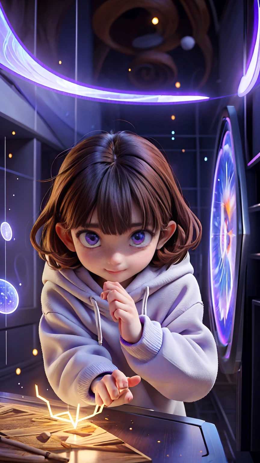 In the heart of the autism world a young autist girl with short brown hair, cute hoddie and purple outfit, discovering her world with happiness and curiosity, cute pose, in a magical world, creates a autism atmosphere, energy and creative images around her. The angle of the scene is dynamic, capturing the intensity of the moment, fine quality golden eyes, eyes looking at the camera, ultra detailed, Beautiful and aesthetically pleasing, masterpiece, Best quality score, (fractal art: 1.3), Extremely detailed , dynamic angle, raytraced, middle body, close up, particles and hard lights