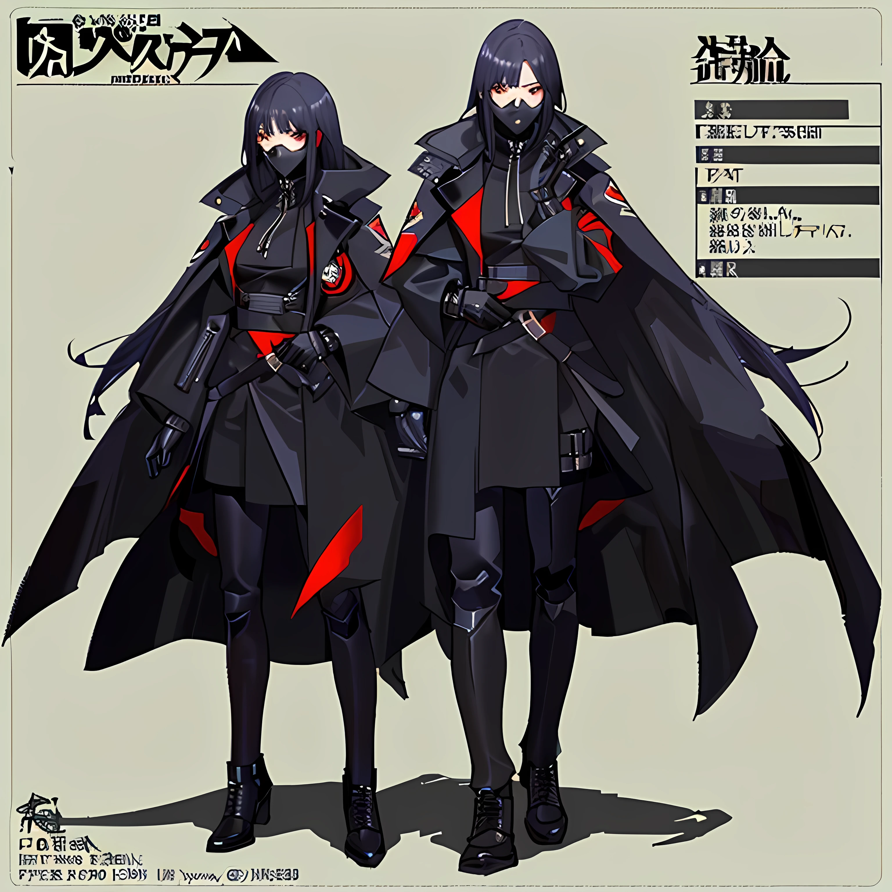 A character model sheet showing his design. A Black and long coat, wearing a mask, cyberpunk character