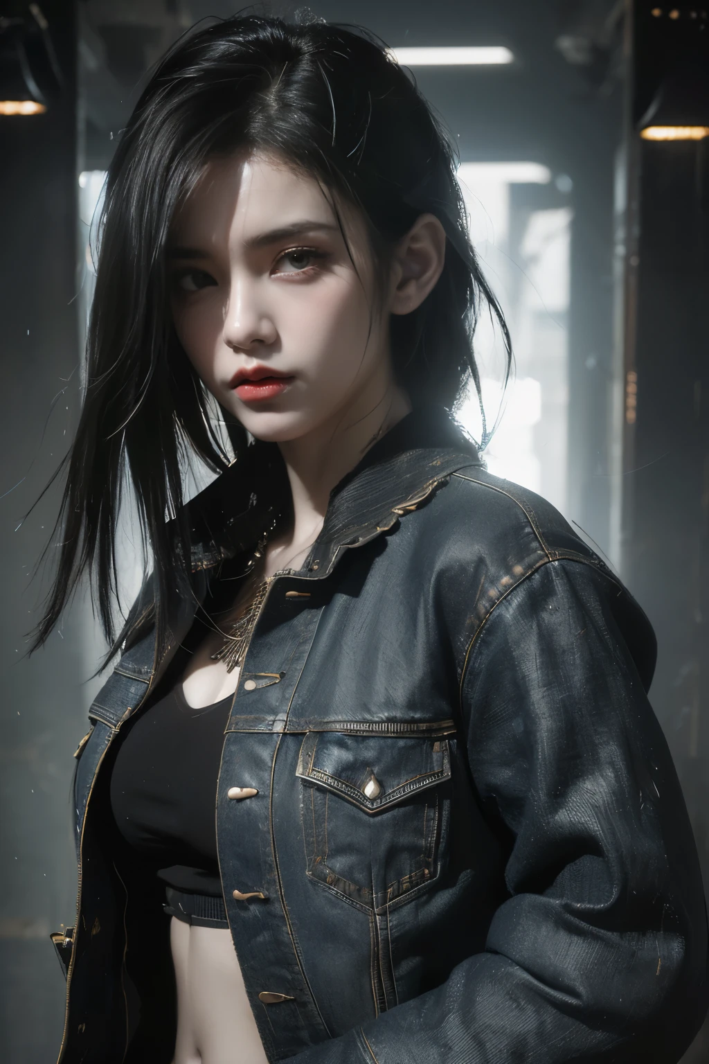 tmasterpiece,Best quality,A high resolution,8K,(Portrait photograph:1.5),(ROriginal photo),real photograph,digital photography,(Combination of cyberpunk and fantasy style),(Female soldier),20 year old girl,random hair style,By bangs,(Red eyeigchest, accessories,Redlip,(He frowned,Sneer),(Cyberpunk combined with fantasy style clothing,Openwork design,joint armor,police uniforms,Denim jacket,Red),exposing your navel,Photo pose,Realisticstyle,Thunder and lightning on rainy day,(Thunder magic),oc render reflection texture