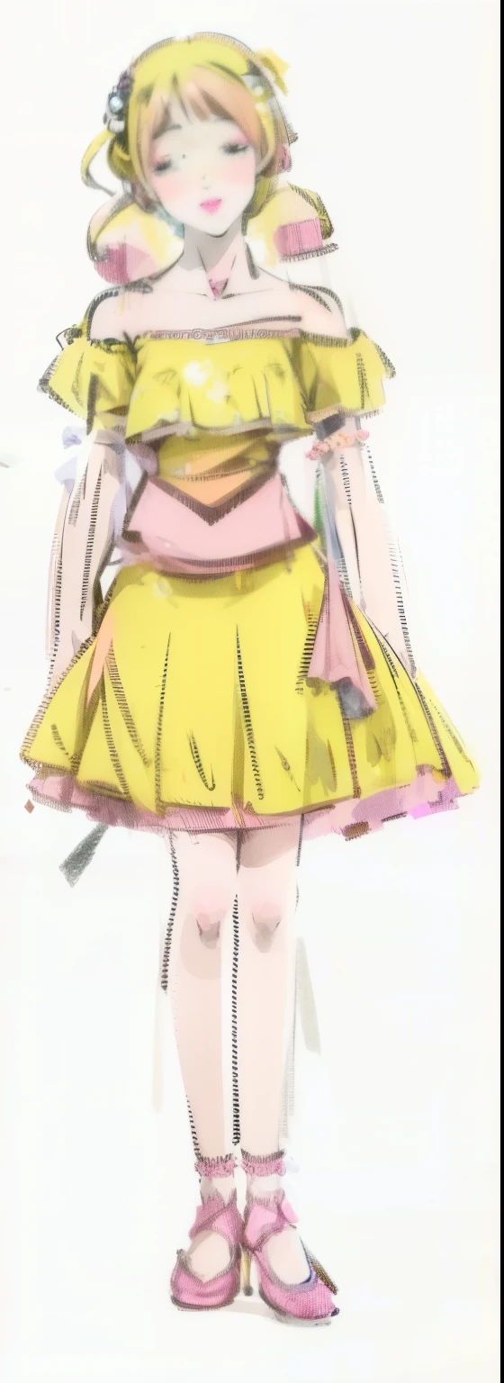 a drawing of a woman in a yellow dress and pink shoes, colored sketch, in dress, aya takano color style, anime styled, pink and yellow, full body:: sunny weather::, an anime girl, wearing skirt, anime princess, cute anime waifu in a nice dress, style of magical girl, dressed in a frilly ((ragged))