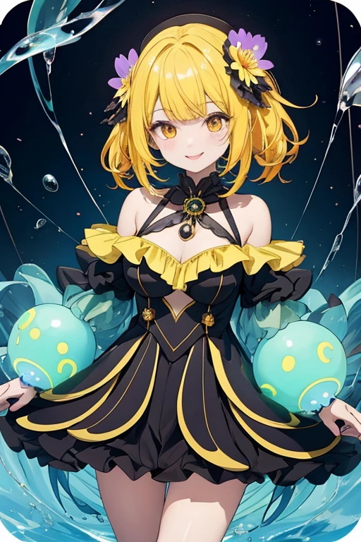 1 female、A female reincarnation of Bubble-tip anemone、detailed face、Yellow glowing eyes、Yellow and black multi-colored hair、Vivid warning color costume、sea anemone pattern on the costume, eye-like shaped ornament on the costume, soft body、flexible body、perfect proportions、Thick hair like a sea anemone、close up shot, Bewitching atmosphere、dark fantasy、 smile , focus on glossy tighs,