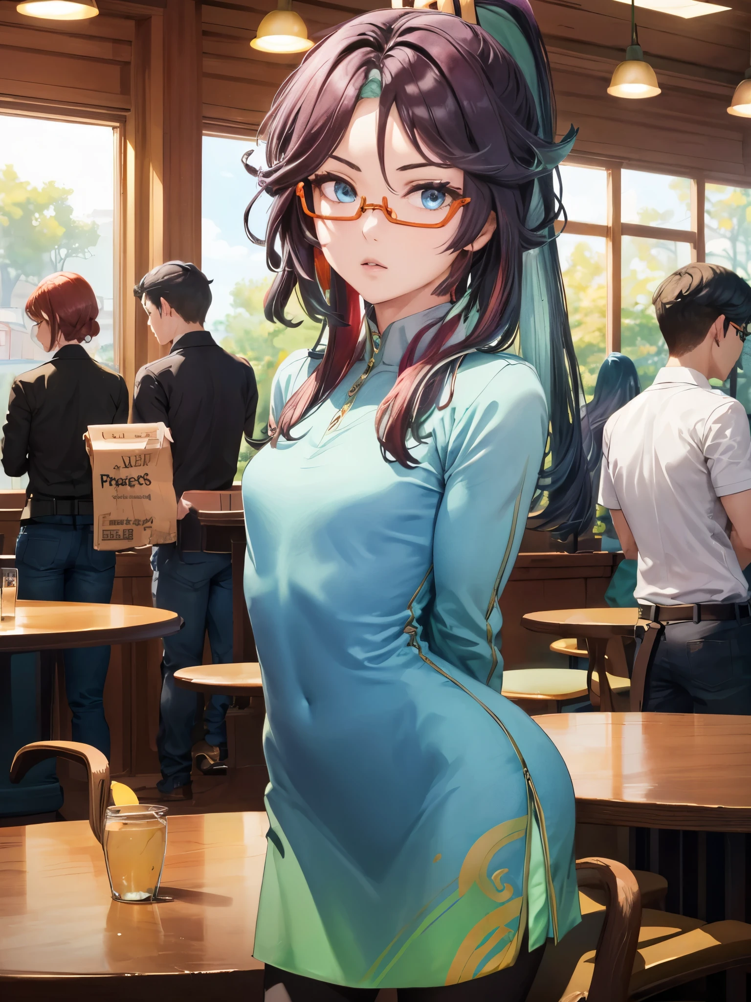 (masterpiece, best quality), 1girl, xianyun, glasses,ponytail, red-framed eyewear, under-rim eyewear,ponytail,
BREAK ((arms behind back:1.5)),
BREAK ((top quality, 8k, masterpiece: 1.3, ultra hd, high quality, best quality, high definition, realism)), sharp focus: 1.5, Beautiful woman with Slim body, (perfect hands, perfect anatomy),