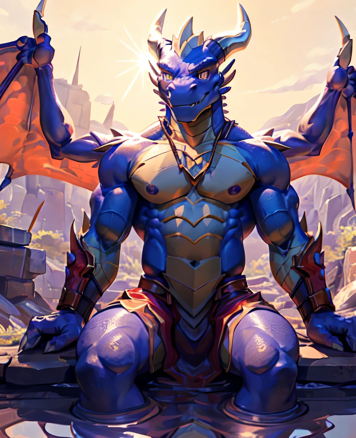 dragon,alone,paw,teeth,crawler,chest muscles, peak, teethAdult,alone,dragon tail,sit down,meditate,4K,best quality,HD,whole body,paw,naked,looking at the audience,chest muscles, pink nipples, Six-pack abs,biceps,pride,soft shadow,majestic,Detailed face,HD eyes,keen vision,eyes sparkling,Gorgeous,brave,confident smile,Strong,Mature,wilderness,ruins,river,Blue sky and white clouds,The sun shines，With wings，With wings