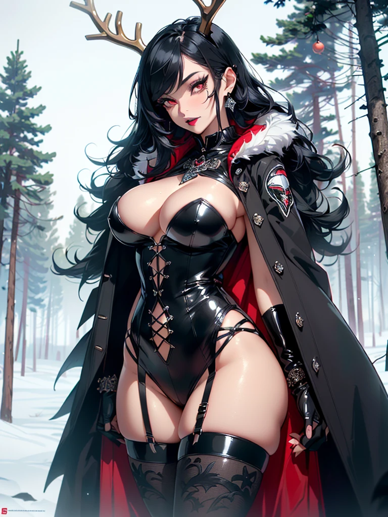 gothic reindeer girl,(((1girl))),((extremely cute and beautiful black haired anime gothic reindeer girl)),

(((anthro furry:1.2), Playboy_Reindeer, reindeer_antlers,(huge antlers:1.2),)),(large breasts:1.4),saggy breasts,((((black curly hair:1.35,medium hair,colored inner hair,ear breathing)))),(((red eyes:1.3))),intricate eyes,beautiful detailed eyes,symmetrical eyes,big eyes:1.5,((fat)),(((lustrous skin:1.5,bright skin: 1.5,skin tanned,shiny skin,very shiny skin,shiny body,plastic glitter skin,exaggerated shiny skin,illuminated skin))),(spider lower abdomen,narrow waist,wide hip,athletic body,inflated legs,delicate detailed fingers,detailed body,detailed arms,human hands,(detailed face)),

cute,slutty,seductive,erotic,(((nsfw))),

zettai ryouiki,revealing clothing,show skin,(((Sexy goth fur coat, goth fur coat outfit, wearing a goth fur coat:1.3,dark red winter coat))),((red goth mini-skirt,red goth mini skirt with furry edge,visible thong straps)),(red gothic clothes,semi-naked,with little goth clothing),((((Black Eyeshadow,Thick Black Eyeliner,Long Dramatic Eyelashes,Black Lips,moon Accessories,ravens ornaments)))),((ravens on her clothes)),(((intricate outfit,intricate clothes,embroidered outfit,ornate outfit))),

(dynamic pose:1.0),embarrassed,(centered,scale to fit dimensions,Rule of thirds),

((snowy pine forest at night)), with dark stormy clouds,winter,scenery:1.25,((snow forest background)),Christmas tree,

highres,sharp focus,(ultra detailed,extremely detailed),(photorealistic artwork:1.37),(extremely detailed CG unity 8k wallpaper),(((vibrant colors,vibrant theme))),(intricate),(masterpiece),(best quality),