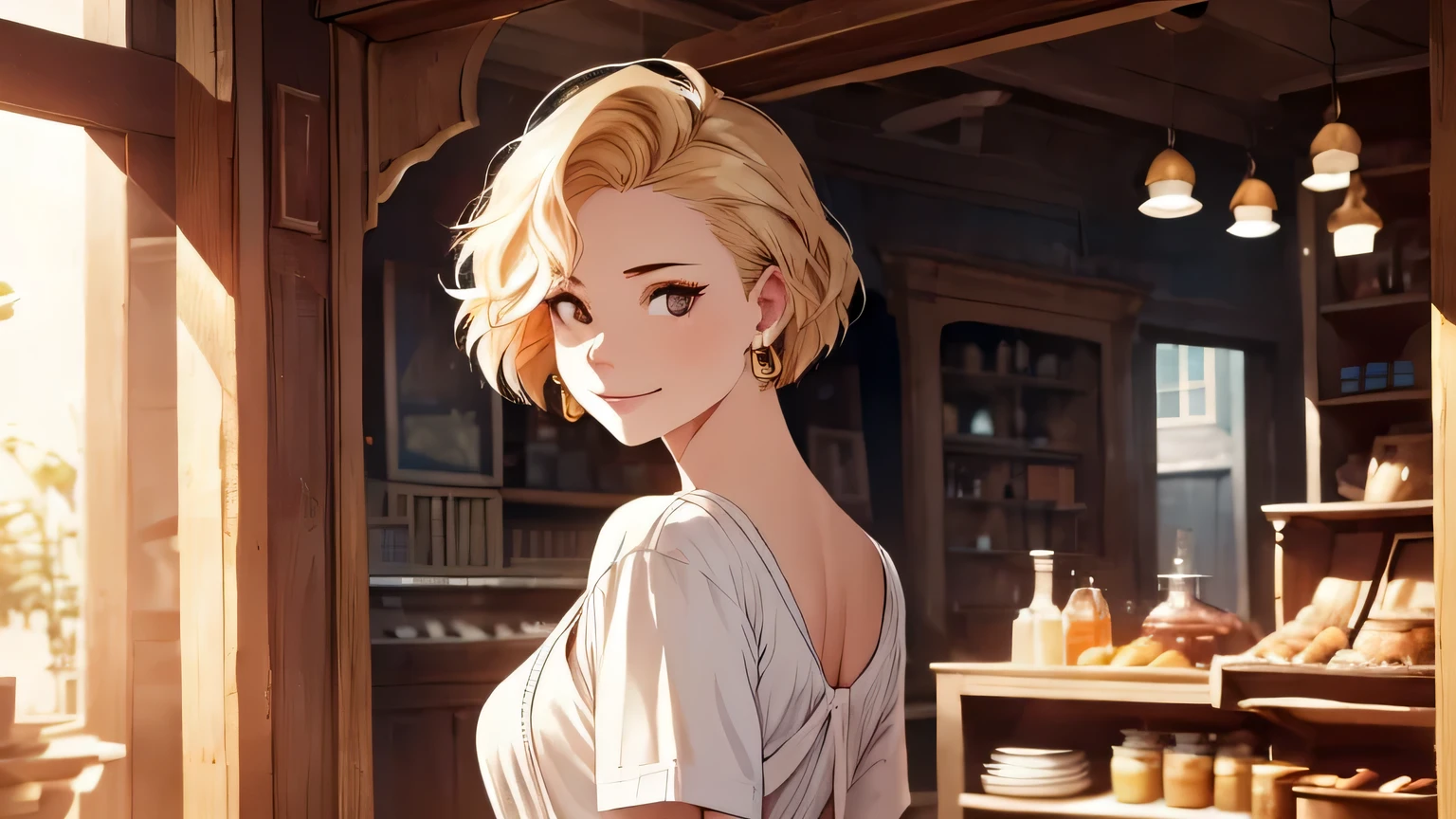 cute woman with short gold hair in neat clothes is smiling lightly in the background of the old fancy shop. Bright summer mood, Brightness, natural beauty