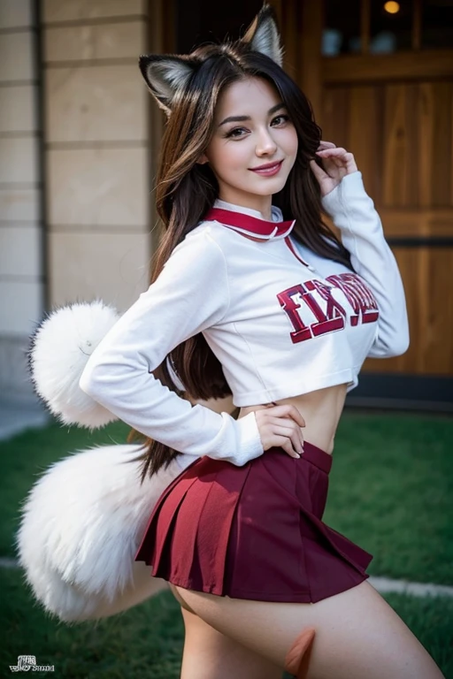 ((highest quality)), ((masterpiece)), (get used to it), perfect face, fox girl, Beautiful woman, public, A tail is growing, she has a fluffy tail, she has a fox tail, she wags her tail, smile, collar, She is wearing a cheerleader uniform, beautiful hips, big breasts , big tail