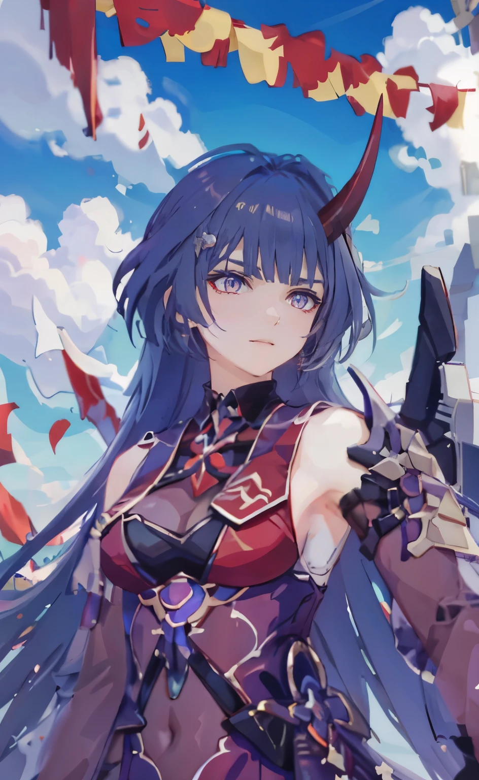 (Masterpiece), (Excellent), (Extremely Fine), White Dew, Square, Looker, (((2 Red Horns))), Upper Body, Flowers, Streamers, Clouds, Details, (((red dress, red armor))))