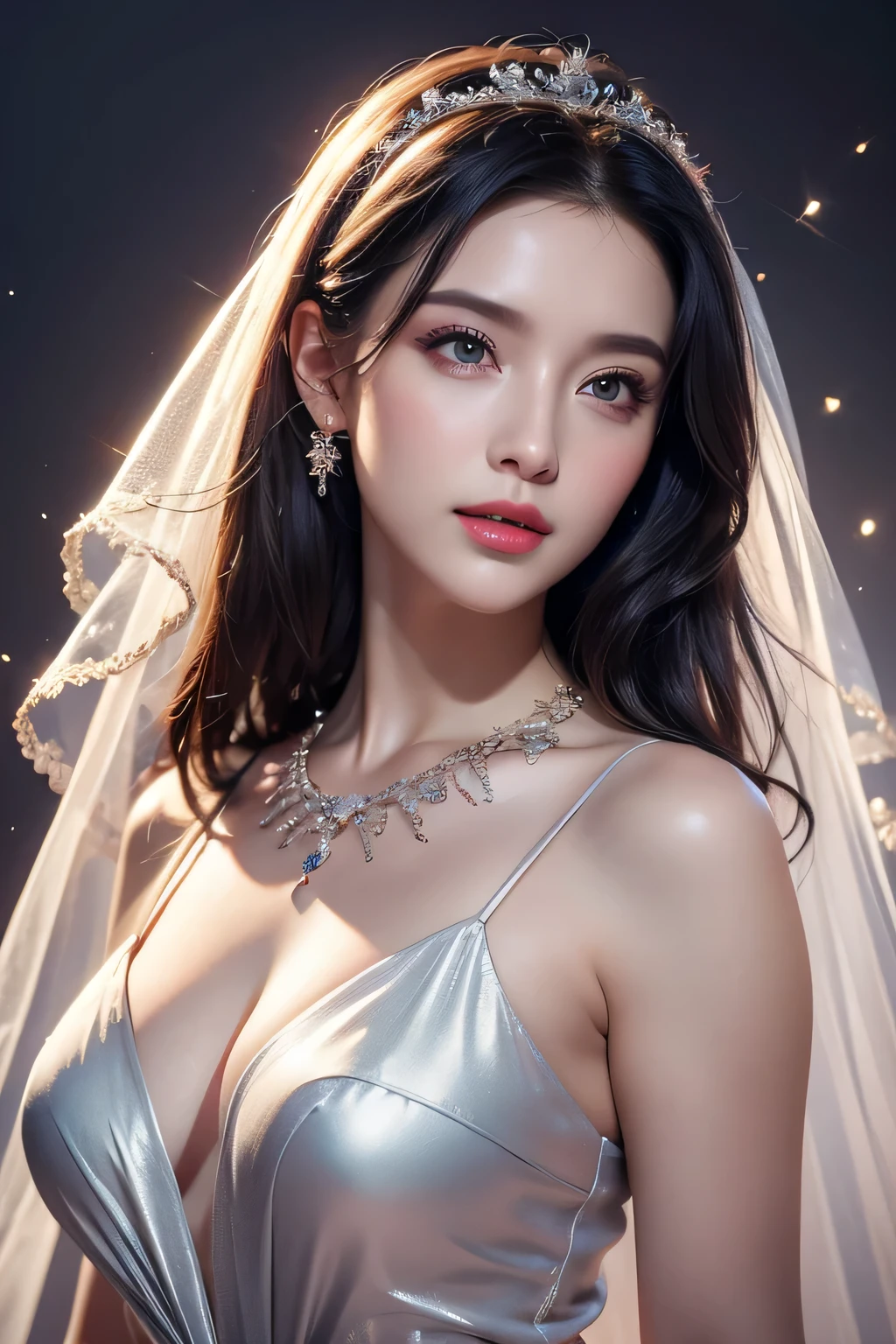 High-quality work，Realistic works，Super premium graphics，8K HD CG works，high quality graphics，High-definition and exquisite CG works，10x pixels，Ultra-fine details：1.1，Advanced technical details：1.1Realistic photo effects，Interior lighting effects：1.5，natural soft light：1.5. Light effect（Virtual light effects：1.8），ultra high resolution，shining dress，sliver long hair，silber hair，transparenthair，high detailed hair（Quality hair details：1.1）Clear eyes，Double eyelids look good，Sharp eye makeup, Create exquisite eyelash makeup, tthin eyebrows, Ultra-detailed eyes，a tall nose, lovely red lips, rosey cheeks, With delicate makeup on her face , pretty face, The face shape is perfectly proportioned,（Advanced facial details：1.1）Black hair, Gradient hair, There are precious stones on the forehead, rimless eyewears, mouth veil, Sparkling pupils，long eyelasher, grin, hyper photorealism, Cinematic lighting, projected inset, surrealism, hyper HD, Masterpiece, 16k，Lie down，dream on，Wear transparent silk pajamas，entangled，Tattooed with，Fantasy space，Luxurious space, ，Women's artwork，Dress full body video，Realism，Amazing Cleavage，My eyes are very bright today
