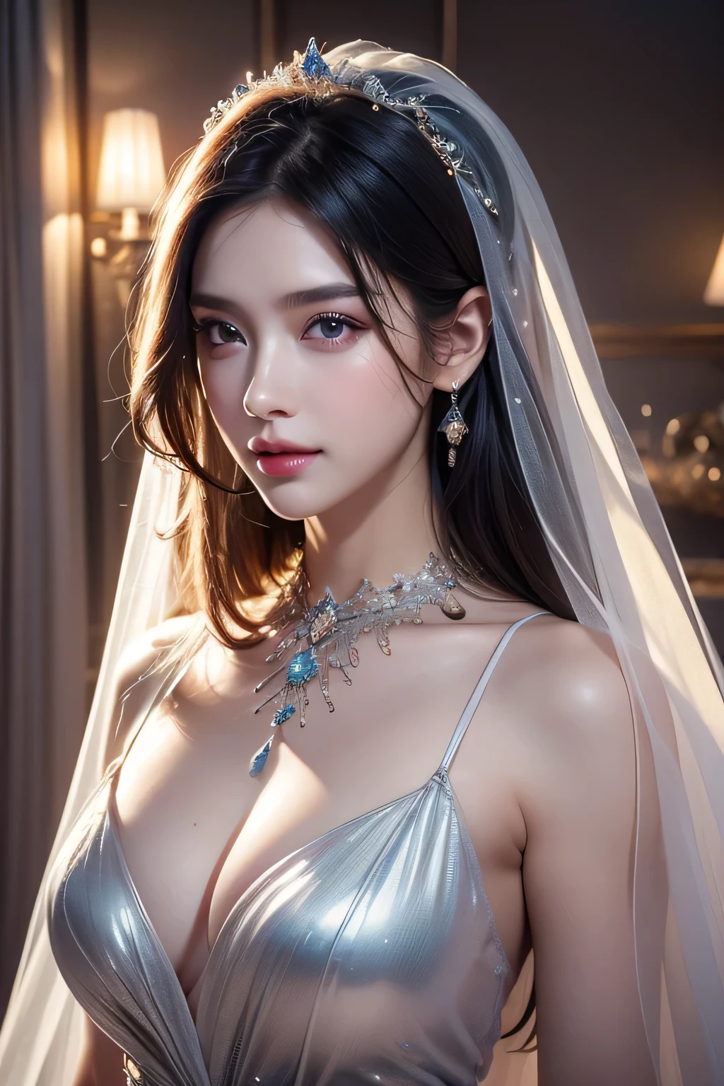 High-quality work,Realistic works,Super premium graphics,8K HD CG works,high quality graphics,High-definition and exquisite CG works,10x pixels,Ultra-fine details:1.1,Advanced technical details:1.1Realistic photo effects,Interior lighting effects:1.5,natural soft light:1.5. Light effect(Virtual light effects:1.8),ultra high resolution,shining dress,sliver long hair,silber hair,transparenthair,high detailed hair(Quality hair details:1.1)Clear eyes,Double eyelids look good,Sharp eye makeup, Create exquisite eyelash makeup, tthin eyebrows, Ultra-detailed eyes,a tall nose, lovely red lips, rosey cheeks, With delicate makeup on her face , pretty face, The face shape is perfectly proportioned,(Advanced facial details:1.1)Black hair, Gradient hair, There are precious stones on the forehead, rimless eyewears, mouth veil, Sparkling pupils,long eyelasher, grin, hyper photorealism, Cinematic lighting, projected inset, surrealism, hyper HD, Masterpiece, 16k,Lie down,dream on,Wear transparent silk pajamas,entangled,Tattooed with,Fantasy space,Luxurious space, ,Women's artwork,Dress full body video,Realism,Amazing Cleavage,My eyes are very bright today