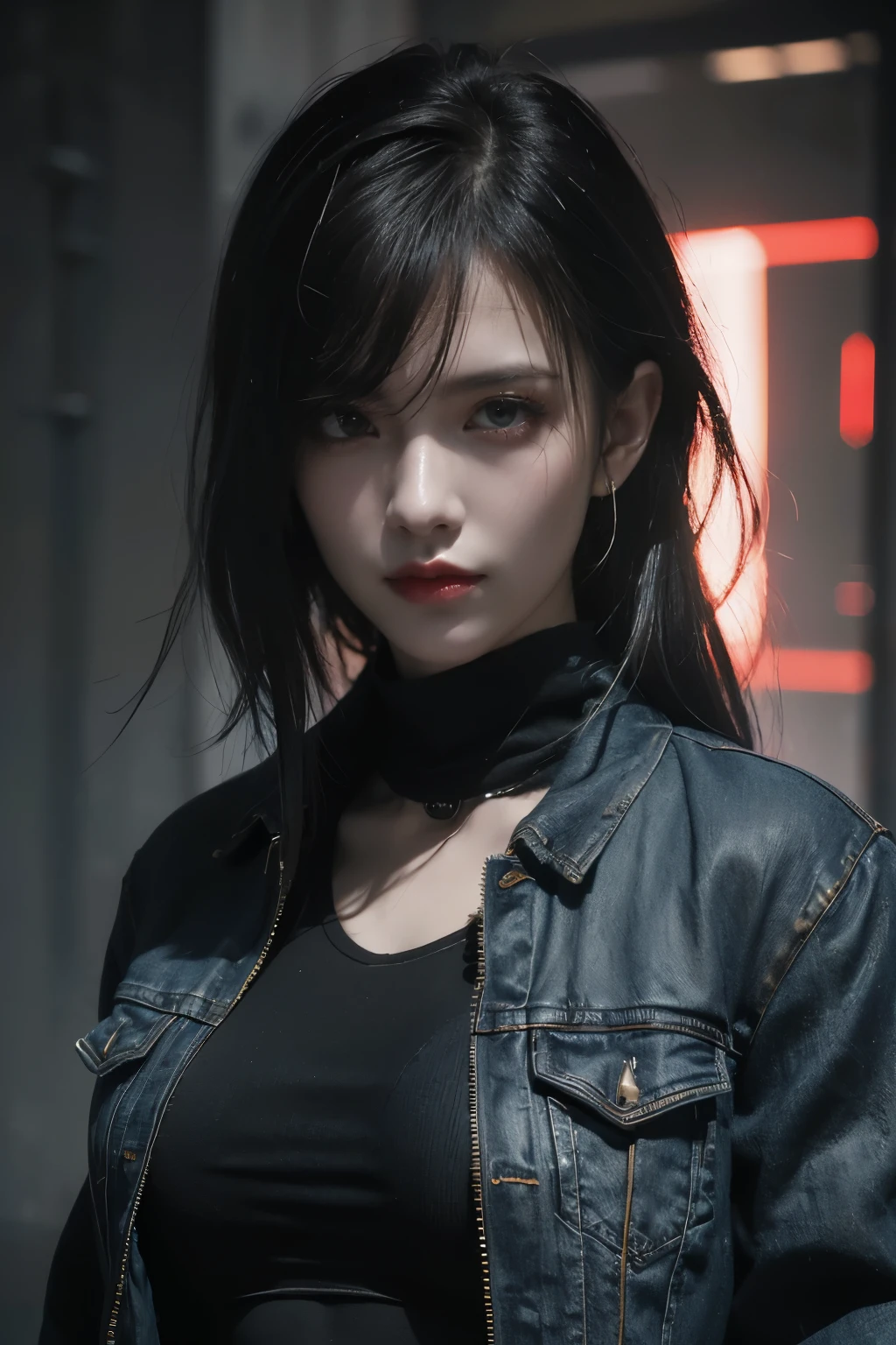 tmasterpiece,Best quality,A high resolution,8K,(Portrait photograph:1.5),(ROriginal photo),real photograph,digital photography,(Combination of cyberpunk and fantasy style),(Female soldier),20 year old girl,random hair style,By bangs,(Red eyeigchest, accessories,Redlip,(He frowned,Sneer),(Cyberpunk combined with fantasy style clothing,Openwork design,joint armor,police uniforms,Denim jacket,Red),exposing your navel,Photo pose,Realisticstyle,Thunder and lightning on rainy day,(Thunder magic),oc render reflection texture