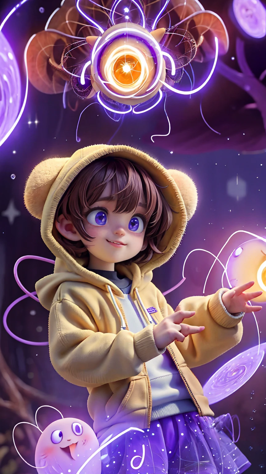 In the heart of the autism world a young autist girl with short brown hair, cute hoddie and purple outfit, discovering her world with happiness and curiosity, cute pose, in a magical world, creates a autism atmosphere, energy and creative images around her. The angle of the scene is dynamic, capturing the intensity of the moment, fine quality golden eyes, eyes looking at the camera, ultra detailed, Beautiful and aesthetically pleasing, masterpiece, Best quality score, (fractal art: 1.3), Extremely detailed , dynamic angle, raytraced, middle body, close up, particles and hard lights