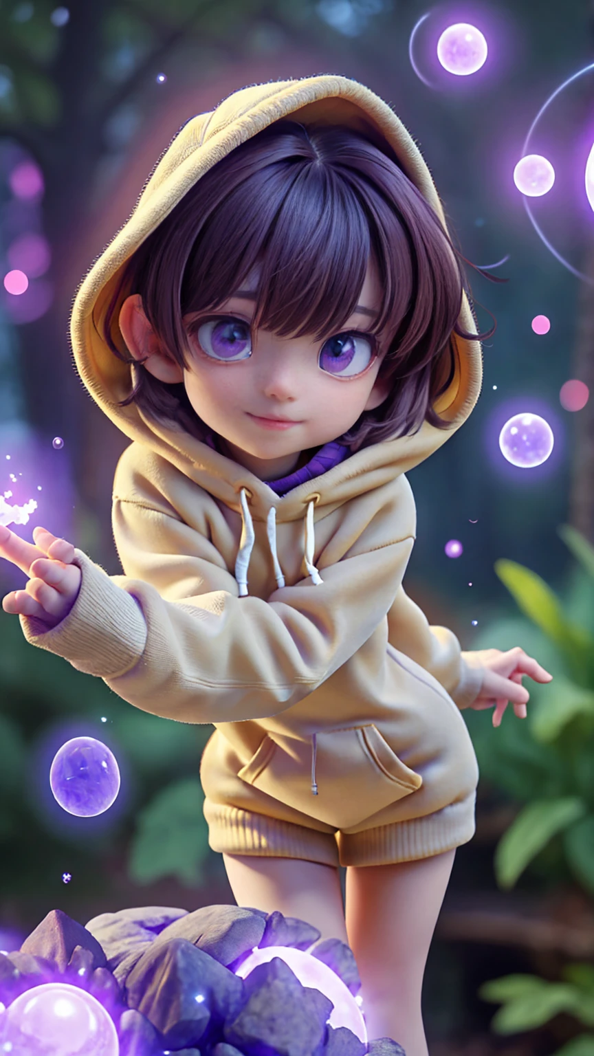 In the heart of the autism world a young autist girl with short brown hair, cute hoddie and purple outfit, discovering her world with happiness and curiosity, cute pose, in a magical world, creates a autism atmosphere, energy and creative images around her. The angle of the scene is dynamic, capturing the intensity of the moment, fine quality golden eyes, eyes looking at the camera, ultra detailed, Beautiful and aesthetically pleasing, masterpiece, Best quality score, (fractal art: 1.3), Extremely detailed , dynamic angle, raytraced, middle body, close up, particles and hard lights