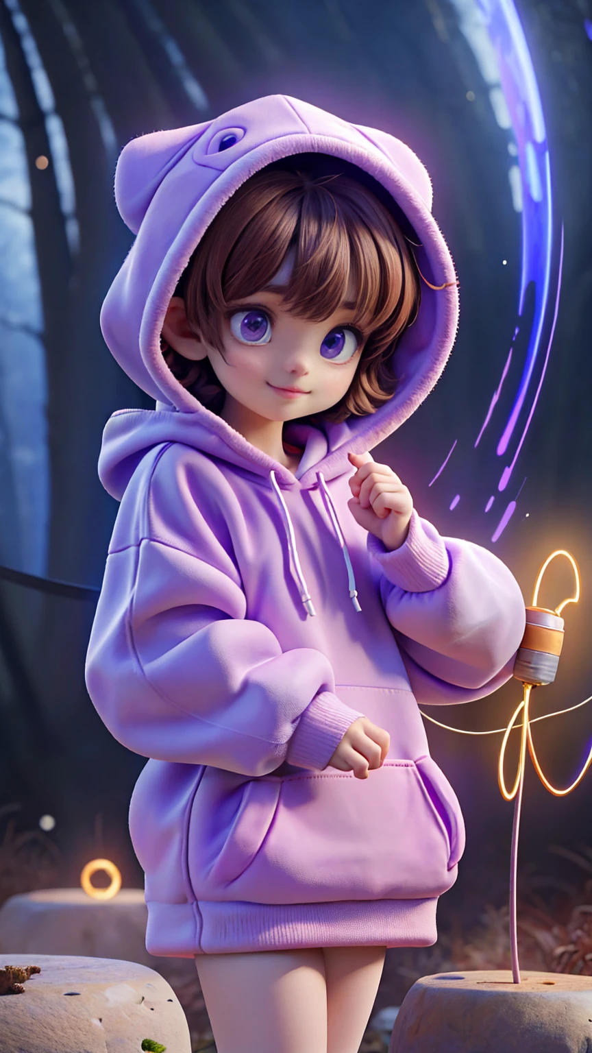 In the heart of the autism world a young autist girl with short brown hair, cute hoddie and purple outfit, discovering her world with happiness and curiosity, cute pose, in a magical world, creates a autism atmosphere, energy and creative images around her. The angle of the scene is dynamic, capturing the intensity of the moment, fine quality golden eyes, eyes looking at the camera, ultra detailed, Beautiful and aesthetically pleasing, masterpiece, Best quality score, (fractal art: 1.3), Extremely detailed , dynamic angle, raytraced, middle body, close up, particles and hard lights