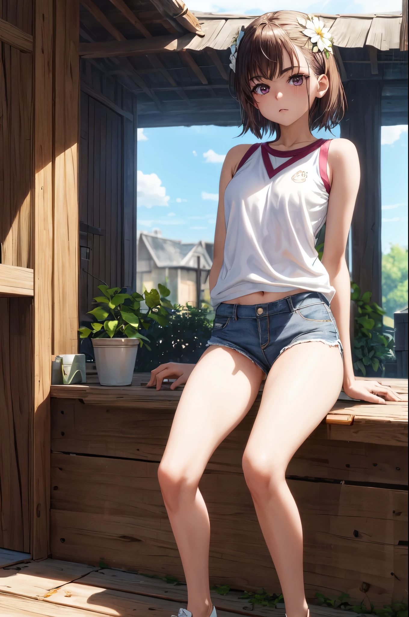 masterpiece, best quality, highres, aamikoto, short hair, hair flower, gym uniform, bare shoulders, sleeveless shirt, white shirt, short shorts, white shorts, standing, cowboy shot, outdoors 15-year-old female， （tmasterpiece： 1.4）， （8k， Realiy， RAW photograph， Mejor calidad： 1.4）， rusa， （1 girl in）， Cara hermosa， （Caras reales： 1.4）， （Cabello caramelo， Pelo largo blanquecino： 1.3）， Peinados， Realistic purple eyes， hermosos ojos detallados， （realskin： 1.3）， Pieles hermosas， atractivo， ultrahigh resolution， Ultra foto realsisim， K HD， the golden ratio， （Cara detallada： 1.4）， desnuda. con pelo corto y negro，Bragas transparentes blancas empapadas，NSFW，El grande，Big butt emphasis，The nipple areola has a clear shape，gaze at the camera，sitting on the couch，La forma de los genitales es transparente y transparente，Empapado de sudor，Poses lascivas（Doblar las rodillas y las piernas abiertas）