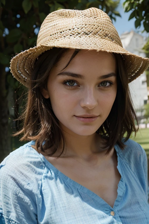 jeune femme de 25 ans, brune aux yeux bleus, portant une chemise colorée et entrouverte et avec un chapeau de paille. marchant dans l'herbe et avec une marguerite entre les dents