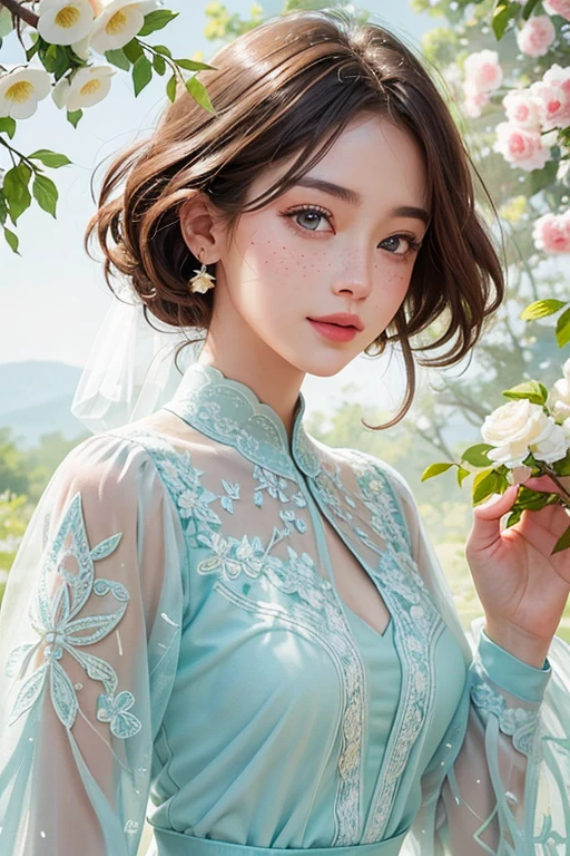 -like green eyes that are beautifully detailed, with a mischievous glint in them. Her face is flawlessly rendered, with high attention to detail capturing every freckle, dimple, and delicate curve. The official uniform she wears is depicted in stunning clarity, showcasing the intricate embroidery and fine craftsmanship. The watercolor painting technique used adds a dreamy and ethereal quality to the image, with curly brush strokes creating a sense of movement and texture. The resolution of 1.6K ensures every minute detail is captured, making it a top-quality artwork. The overall aesthetic is beautifully harmonious, blending vibrant colors and dynamic brushwork with a touch of whimsical charm. It is a true masterpiece that breaks the boundaries of traditional art and