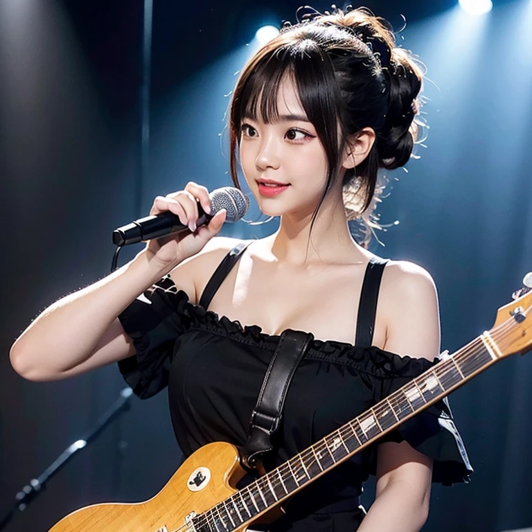 highest quality, High resolution, (realistic:1.2), (2 girls, Japanese beautiful girl), (A girl with a microphone and a girl playing a black electric guitar:1.3), Smile, big slit eyes, (big double eyelids:1.5), high definition eyes, plump cheeks, (hair up:1.1), big earrings, off-the-shoulder dress, cleavage, Les Paul Custom, bright lighting, Concert Halls in Europe, On the big stage, orchestra, classical music,