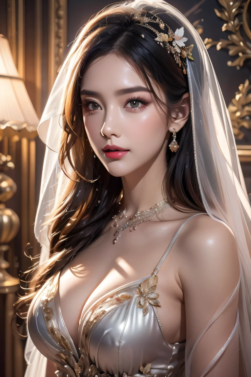 High-quality work，Realistic works，Super premium graphics，8K HD CG works，high quality graphics，High-definition and exquisite CG works，10x pixels，Ultra-fine details：1.1，Advanced technical details：1.1Realistic photo effects，Interior lighting effects：1.5，natural soft light：1.5. Light effect（Virtual light effects：1.8），ultra high resolution，shining dress，sliver long hair，silber hair，transparenthair，high detailed hair（Quality hair details：1.1）Clear eyes，Double eyelids look good，Sharp eye makeup, Create exquisite eyelash makeup, tthin eyebrows, Ultra-detailed eyes，a tall nose, lovely red lips, rosey cheeks, With delicate makeup on her face , pretty face, The face shape is perfectly proportioned,（Advanced facial details：1.1）Black hair, Gradient hair, There are precious stones on the forehead, rimless eyewears, mouth veil, Sparkling pupils，long eyelasher, grin, hyper photorealism, Cinematic lighting, projected inset, surrealism, hyper HD, Masterpiece, 16k，Lie down，dream on，Wear transparent silk pajamas，entangled，Tattooed with，Fantasy space，Luxurious space, ，Women's artwork，Dress full body video，Realism，Amazing Cleavage，My eyes are very bright today
