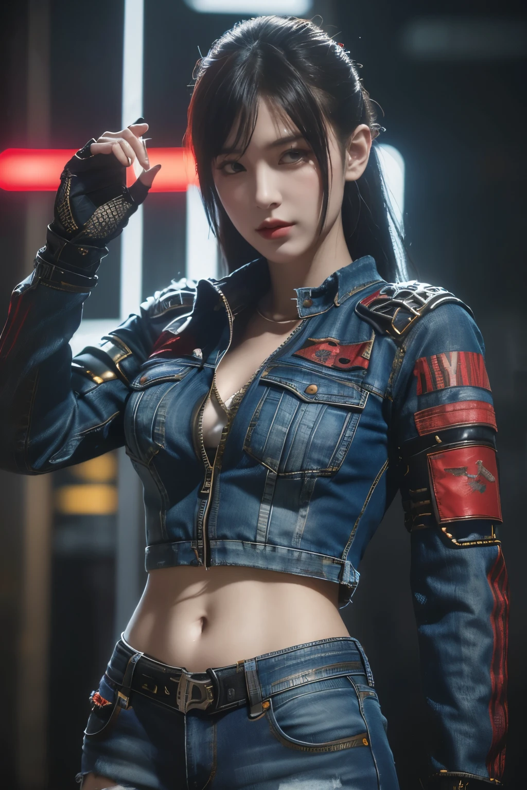 tmasterpiece,Best quality,A high resolution,8K,(Portrait photograph:1.5),(ROriginal photo),real photograph,digital photography,(Combination of cyberpunk and fantasy style),(Female soldier),20 year old girl,random hair style,By bangs,(Red eyeigchest, accessories,Redlip,(He frowned,Sneer),(Cyberpunk combined with fantasy style clothing,Openwork design,joint armor,police uniforms,Denim jacket,Red),exposing your navel,Photo pose,Realisticstyle,Thunder and lightning on rainy day,(Thunder magic),oc render reflection texture