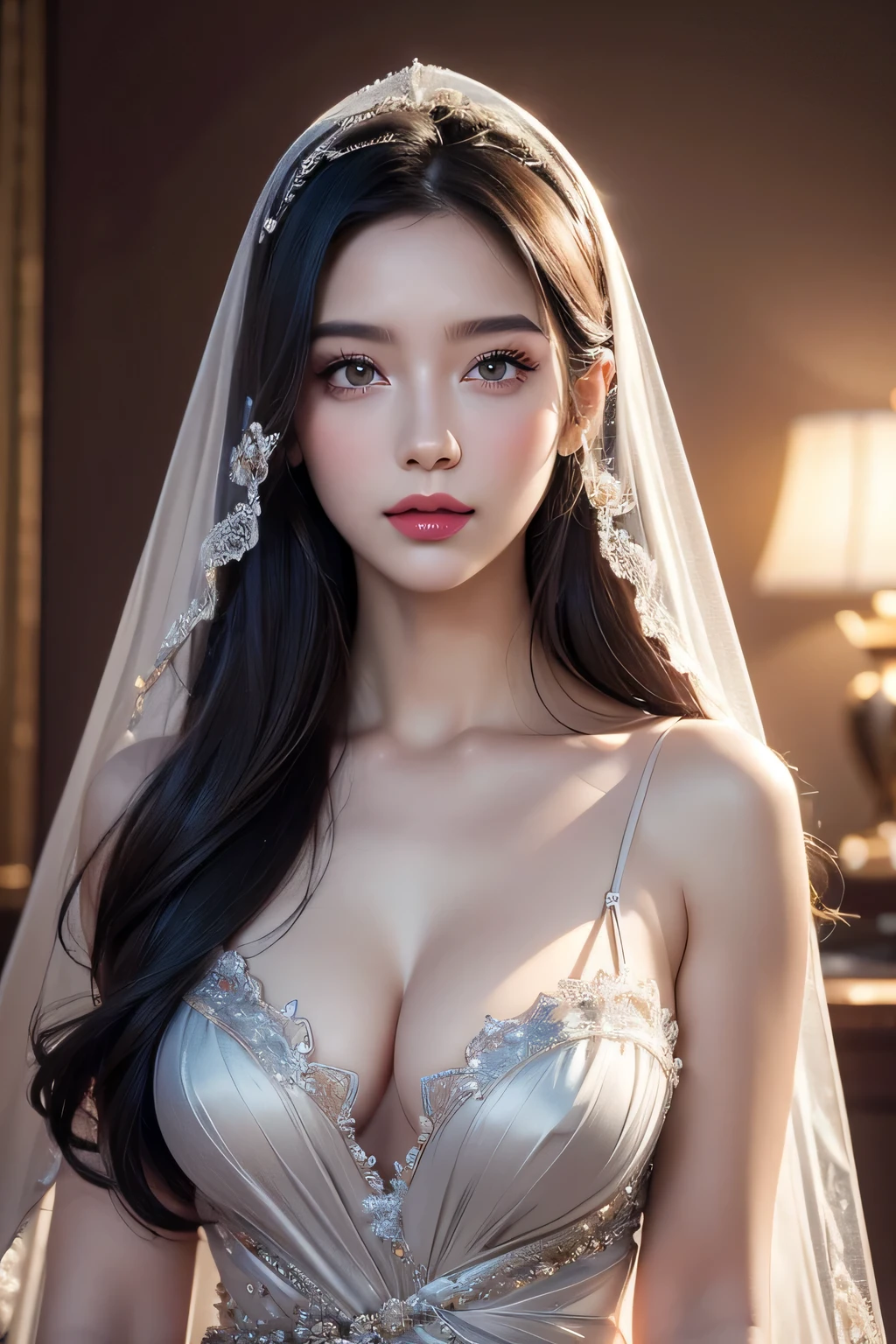 High-quality work,Realistic works,Super premium graphics,8K HD CG works,high quality graphics,High-definition and exquisite CG works,10x pixels,Ultra-fine details:1.1,Advanced technical details:1.1Realistic photo effects,Interior lighting effects:1.5,natural soft light:1.5. Light effect(Virtual light effects:1.8),ultra high resolution,shining dress,sliver long hair,silber hair,transparenthair,high detailed hair(Quality hair details:1.1)Clear eyes,Double eyelids look good,Sharp eye makeup, Create exquisite eyelash makeup, tthin eyebrows, Ultra-detailed eyes,a tall nose, lovely red lips, rosey cheeks, With delicate makeup on her face , pretty face, The face shape is perfectly proportioned,(Advanced facial details:1.1)Black hair, Gradient hair, There are precious stones on the forehead, rimless eyewears, mouth veil, Sparkling pupils,long eyelasher, grin, hyper photorealism, Cinematic lighting, projected inset, surrealism, hyper HD, Masterpiece, 16k,Lie down,dream on,Wear transparent silk pajamas,entangled,Tattooed with,Fantasy space,Luxurious space, ,Women's artwork,Dress full body video,Realism,Amazing Cleavage,My eyes are very bright today