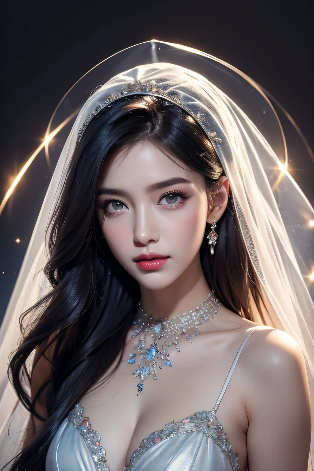 High-quality work,Realistic works,Super premium graphics,8K HD CG works,high quality graphics,High-definition and exquisite CG works,10x pixels,Ultra-fine details:1.1,Advanced technical details:1.1Realistic photo effects,Interior lighting effects:1.5,natural soft light:1.5. Light effect(Virtual light effects:1.8),ultra high resolution,shining dress,sliver long hair,silber hair,transparenthair,high detailed hair(Quality hair details:1.1)Clear eyes,Double eyelids look good,Sharp eye makeup, Create exquisite eyelash makeup, tthin eyebrows, Ultra-detailed eyes,a tall nose, lovely red lips, rosey cheeks, With delicate makeup on her face , pretty face, The face shape is perfectly proportioned,(Advanced facial details:1.1)Black hair, Gradient hair, There are precious stones on the forehead, rimless eyewears, mouth veil, Sparkling pupils,long eyelasher, grin, hyper photorealism, Cinematic lighting, projected inset, surrealism, hyper HD, Masterpiece, 16k,Lie down,dream on,Wear transparent silk pajamas,entangled,Tattooed with,Fantasy space,Luxurious space, ,Women's artwork,Dress full body video,Realism,Amazing Cleavage,My eyes are very bright today