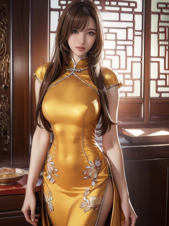 (8ก, Highest quality: 1.2), Extremely detailed, thorough resolution, (realistic, realistic photo: 1.37), Portrait, high definition RAW color photograph, professionally arrested, high definition and beautiful, high definition, 8ก Image wallpaper, Amazing details, Big file size, highly detailed beautiful girl, Extremely detailed face, (Finely defined super beautiful eyes:1.8), The nose has a precise shape., expressive lips,(grand maison, seaside restaurant background:1.2) , one story, cute girl, realistic、 (Cinematic scene,Fantasy Art,Best Quality,High quality,High Definition,high quality texture,high detailing,Beautiful detailed,fine detailed,extremely details CG,Detailed texture,realistic representation of face,masutepiece,presence,Dynamic,Bold),1gir,Ultra detailed skin,Curve,(coverd nipple:0.8),Beautiful breasts,small breasts,pale skin,pointed breast,Erect nipples,(Ultra Thin hair),(Ultra Soft hair),(ultra straight hair),Swept long bangs,very light coppery amber hair,Hair over one eye,very skinny body,smart abs,(sexy chinese dress:1.5),
