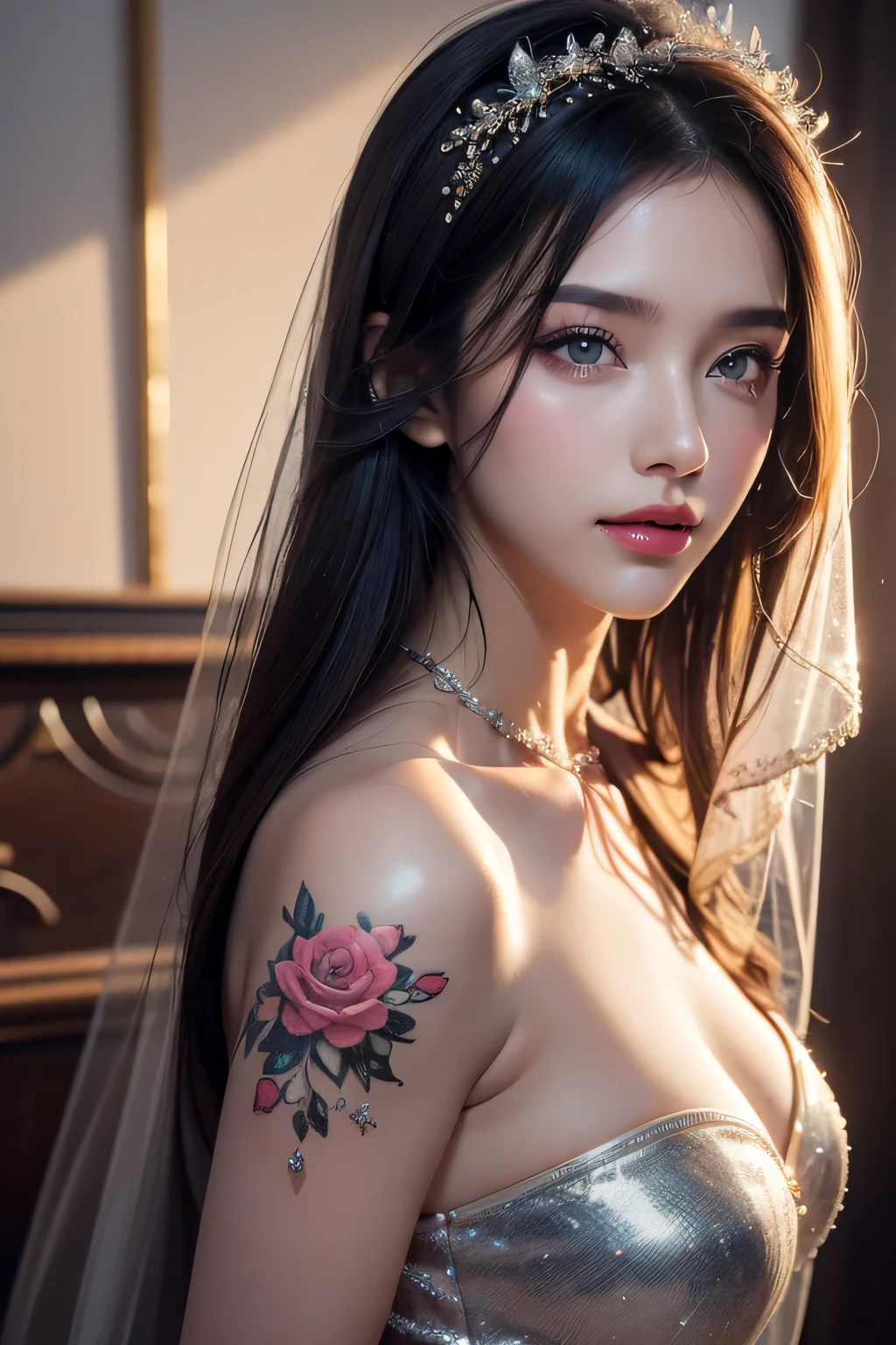 High-quality work，Realistic works，Super premium graphics，8K HD CG works，high quality graphics，High-definition and exquisite CG works，10x pixels，Ultra-fine details：1.1，Advanced technical details：1.1Realistic photo effects，Interior lighting effects：1.5，natural soft light：1.5. Light effect（Virtual light effects：1.8），ultra high resolution，shining dress，sliver long hair，silber hair，transparenthair，high detailed hair（Quality hair details：1.1）Clear eyes，Double eyelids look good，Sharp eye makeup, Create exquisite eyelash makeup, tthin eyebrows, Ultra-detailed eyes，a tall nose, lovely red lips, rosey cheeks, With delicate makeup on her face , pretty face, The face shape is perfectly proportioned,（Advanced facial details：1.1）Black hair, Gradient hair, There are precious stones on the forehead, rimless eyewears, mouth veil, Sparkling pupils，long eyelasher, grin, hyper photorealism, Cinematic lighting, projected inset, surrealism, hyper HD, Masterpiece, 16k，Lie down，dream on，Wear transparent silk pajamas，entangled，Tattooed with，Fantasy space，Luxurious space, ，Women's artwork，Dress full body video，Realism，Amazing Cleavage，My eyes are very bright today
