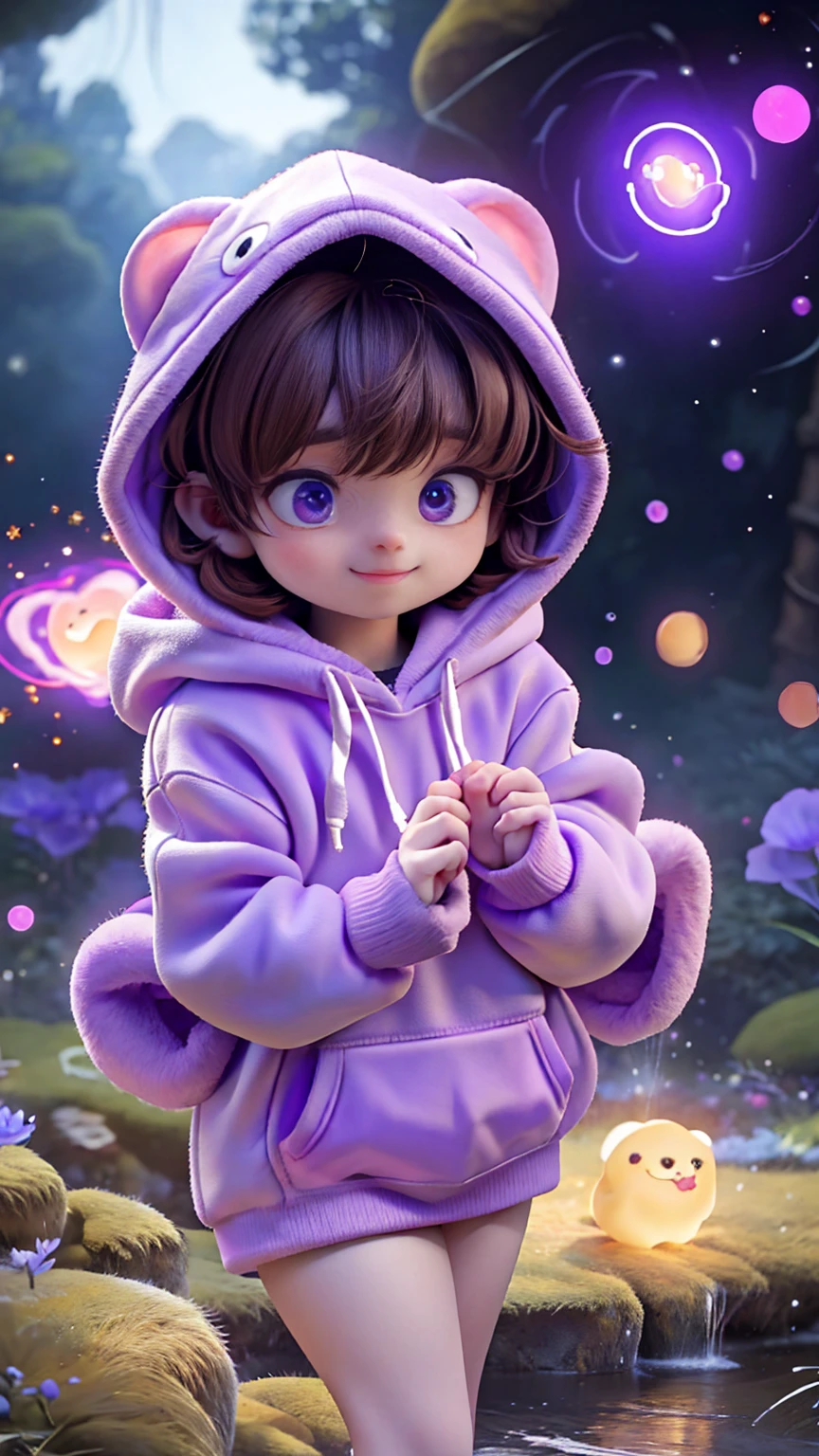 In the heart of the autism world a young autist girl with short brown hair, cute hoddie and purple outfit, discovering her world with happiness and curiosity, cute pose, in a magical world, creates a autism atmosphere, energy and creative images around her. The angle of the scene is dynamic, capturing the intensity of the moment, fine quality golden eyes, eyes looking at the camera, ultra detailed, Beautiful and aesthetically pleasing, masterpiece, Best quality score, (fractal art: 1.3), Extremely detailed , dynamic angle, raytraced, middle body, close up, particles and hard lights