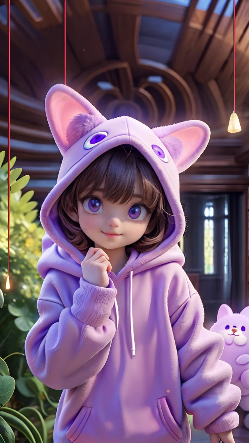 In the heart of the autism world a young autist girl with short brown hair, cute hoddie and purple outfit, discovering her world with happiness and curiosity, cute pose, in a magical world, creates a autism atmosphere, energy and creative images around her. The angle of the scene is dynamic, capturing the intensity of the moment, fine quality golden eyes, eyes looking at the camera, ultra detailed, Beautiful and aesthetically pleasing, masterpiece, Best quality score, (fractal art: 1.3), Extremely detailed , dynamic angle, raytraced, middle body, close up, particles and hard lights