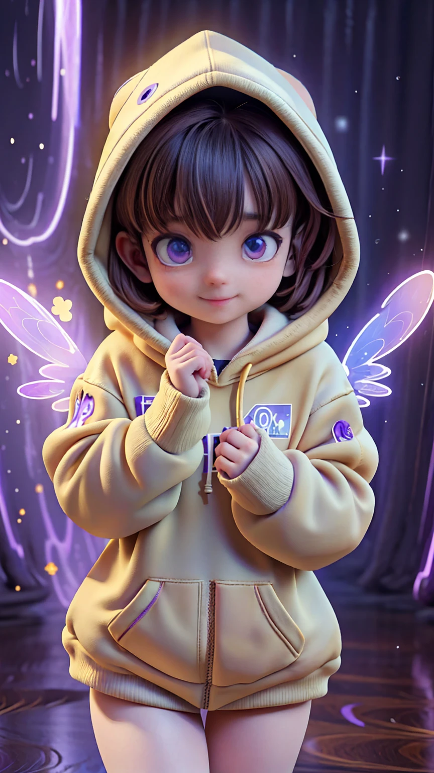 In the heart of the autism world a young autist girl with short brown hair, cute hoddie and purple outfit, discovering her world with happiness and curiosity, cute pose, in a magical world, creates a autism atmosphere, energy and creative images around her. The angle of the scene is dynamic, capturing the intensity of the moment, fine quality golden eyes, eyes looking at the camera, ultra detailed, Beautiful and aesthetically pleasing, masterpiece, Best quality score, (fractal art: 1.3), Extremely detailed , dynamic angle, raytraced, middle body, close up, particles and hard lights