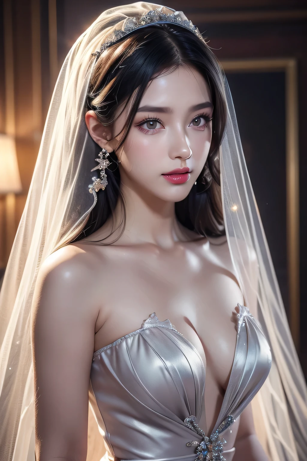 High-quality work,Realistic works,Super premium graphics,8K HD CG works,high quality graphics,High-definition and exquisite CG works,10x pixels,Ultra-fine details:1.1,Advanced technical details:1.1Realistic photo effects,Interior lighting effects:1.5,natural soft light:1.5. Light effect(Virtual light effects:1.8),ultra high resolution,shining dress,sliver long hair,silber hair,transparenthair,high detailed hair(Quality hair details:1.1)Clear eyes,Double eyelids look good,Sharp eye makeup, Create exquisite eyelash makeup, tthin eyebrows, Ultra-detailed eyes,a tall nose, lovely red lips, rosey cheeks, With delicate makeup on her face , pretty face, The face shape is perfectly proportioned,(Advanced facial details:1.1)Black hair, Gradient hair, There are precious stones on the forehead, rimless eyewears, mouth veil, Sparkling pupils,long eyelasher, grin, hyper photorealism, Cinematic lighting, projected inset, surrealism, hyper HD, Masterpiece, 16k,Lie down,dream on,Wear transparent silk pajamas,entangled,Tattooed with,Fantasy space,Luxurious space, ,Women's artwork,Dress full body video,Realism,Amazing Cleavage,My eyes are very bright today