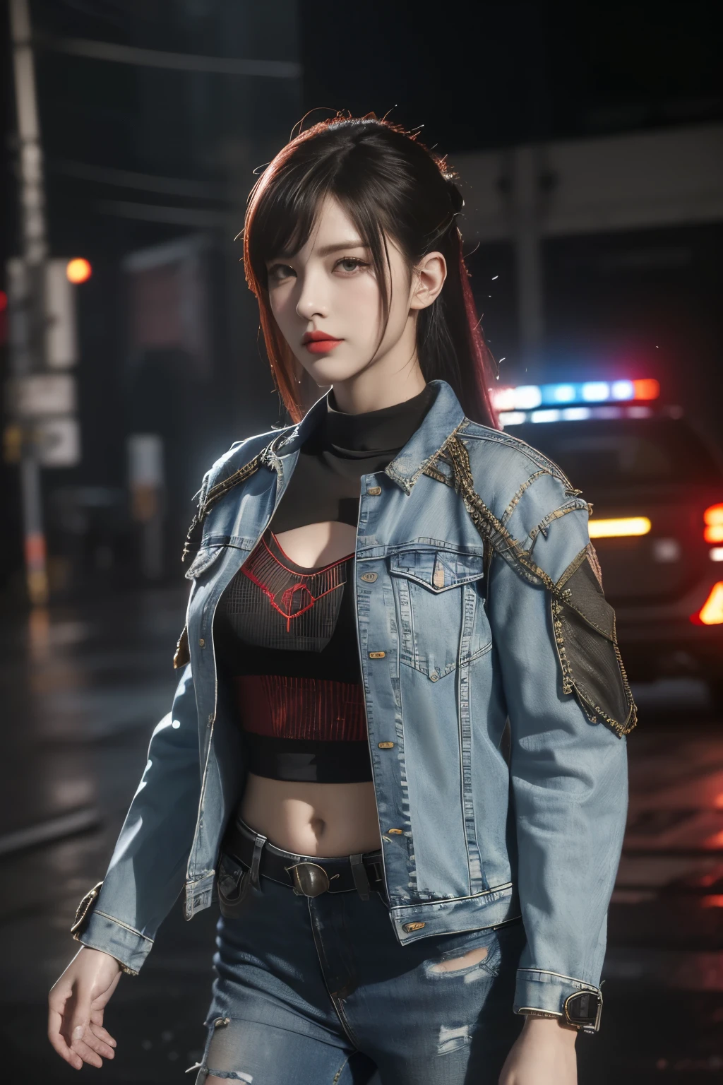 tmasterpiece,Best quality,A high resolution,8K,(Portrait photograph:1.5),(ROriginal photo),real photograph,digital photography,(Combination of cyberpunk and fantasy style),(Female soldier),20 year old girl,random hair style,By bangs,(Red eyeigchest, accessories,Redlip,(He frowned,Sneer),(Cyberpunk combined with fantasy style clothing,Openwork design,joint armor,police uniforms,Denim jacket,Red),exposing your navel,Photo pose,Realisticstyle,Thunder and lightning on rainy day,(Thunder magic),oc render reflection texture